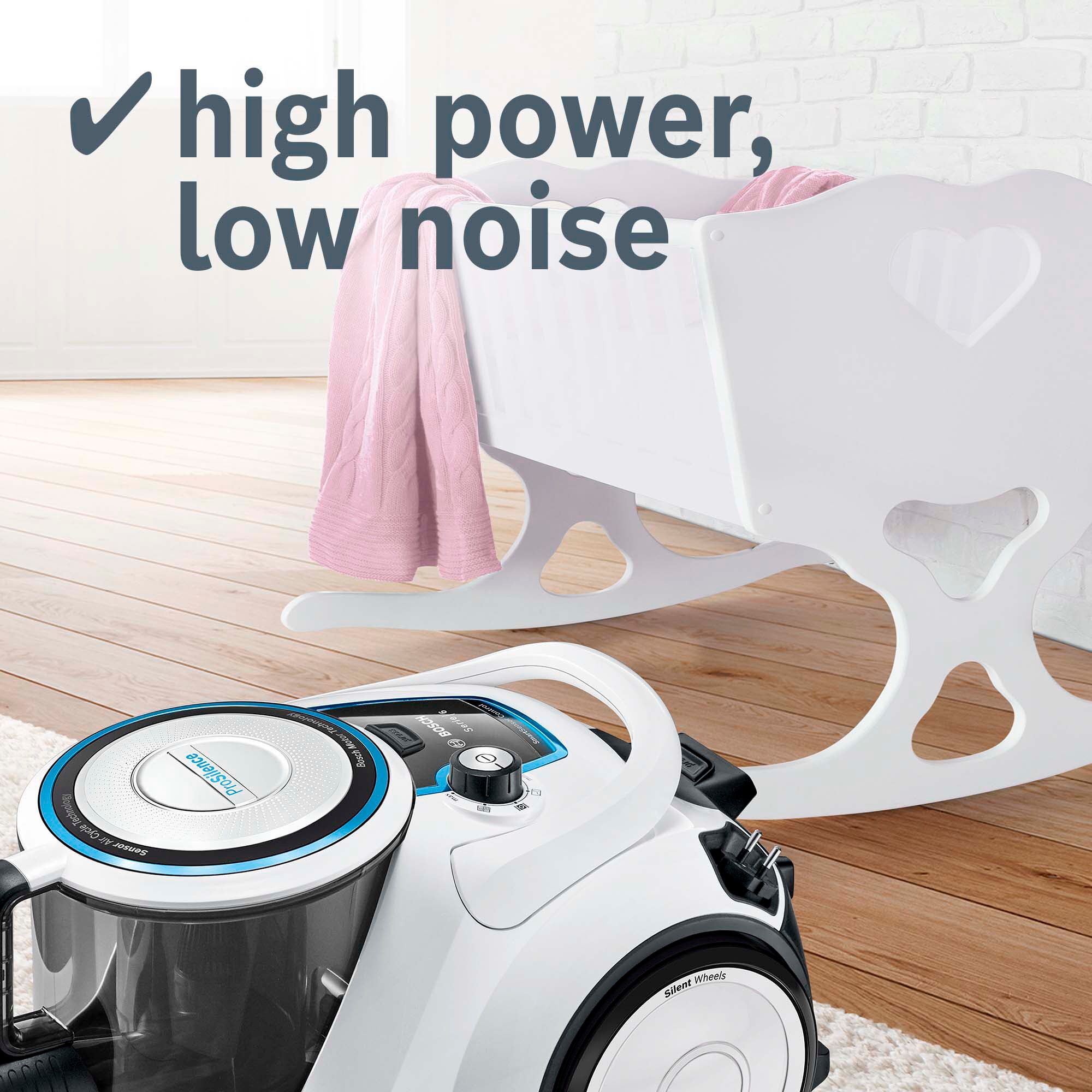 BOSCH Bodenstaubsauger »Serie 6 ProSilence BGC41LSIL, Hygiene-Filter, 10 Jahre Motorgarantie«, 600 W, beutellos, hohe Saugkraft, 2in1 Polster- und Fugendüse, leise, weiß