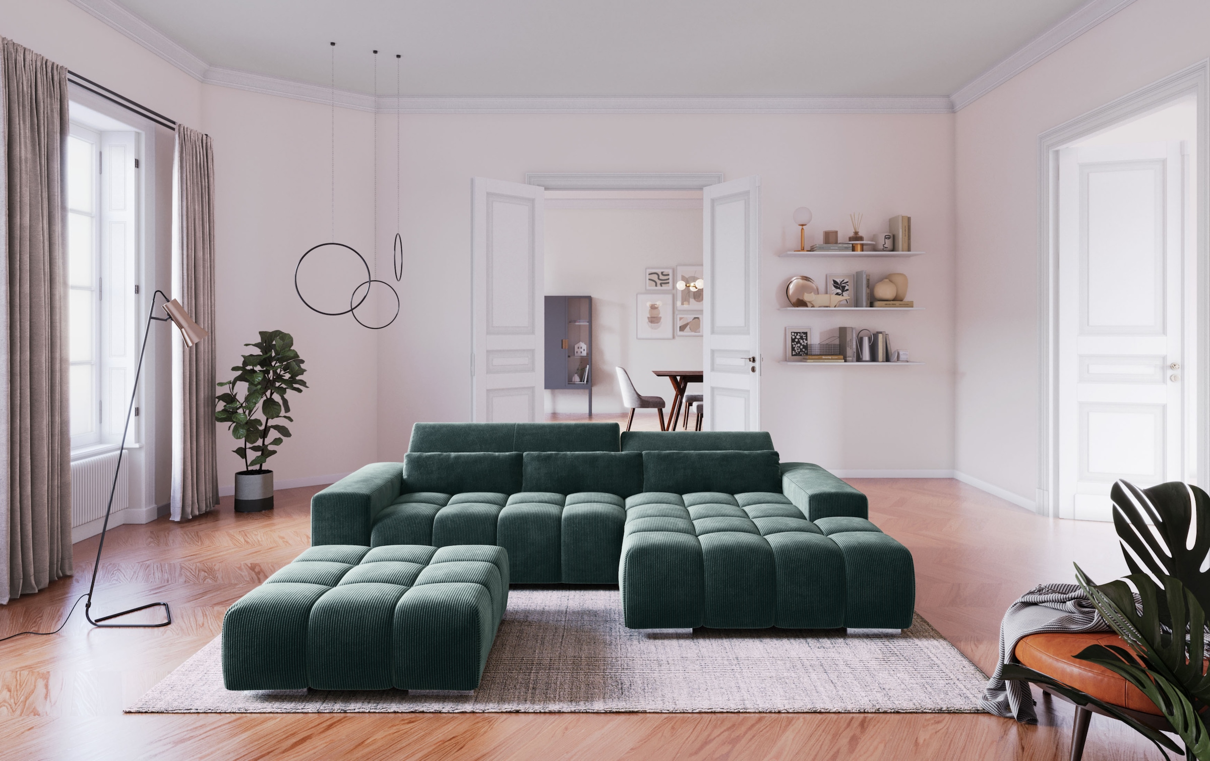 COTTA Ecksofa "Orion L-Form, B: 307 cm, moderne Steppung, bequeme Wellenunterfederung" 2x Kopfteilverstellung & 3 Nierenkissen