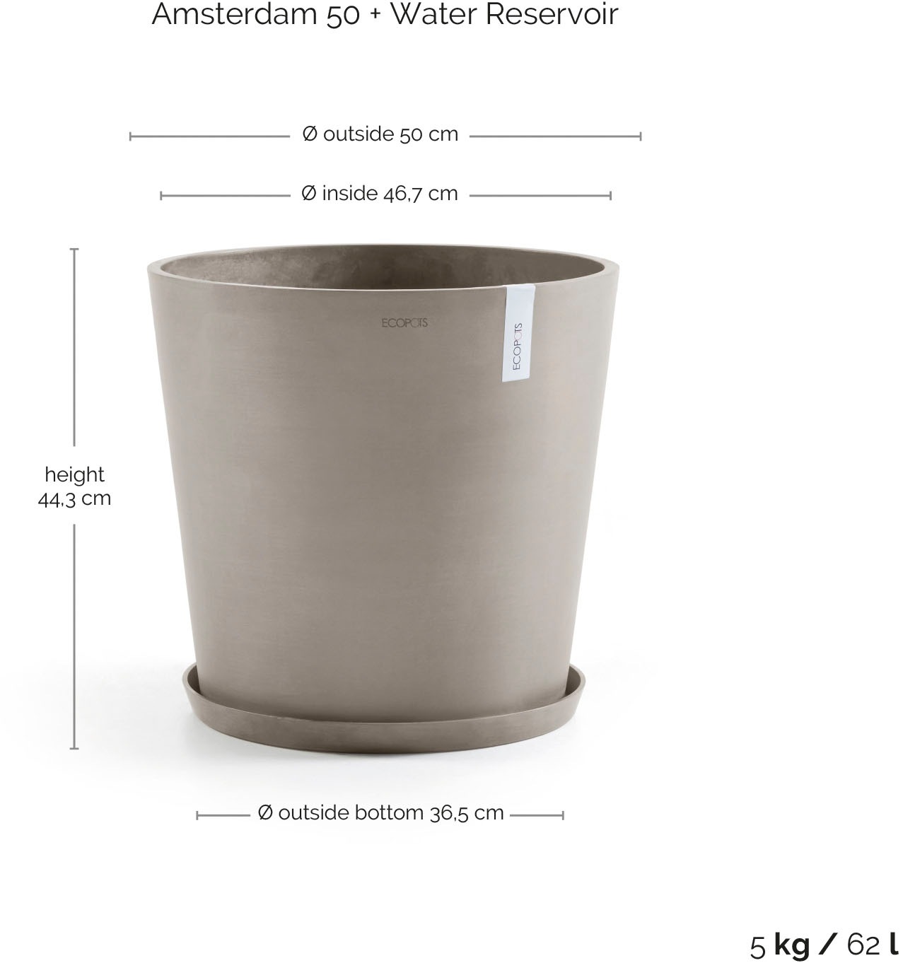 ECOPOTS Blumentopf »Amsterdam 50 + Wassersystem Taupe« für innen und außen: frostsicher, bruchsicher und lichtbeständig
