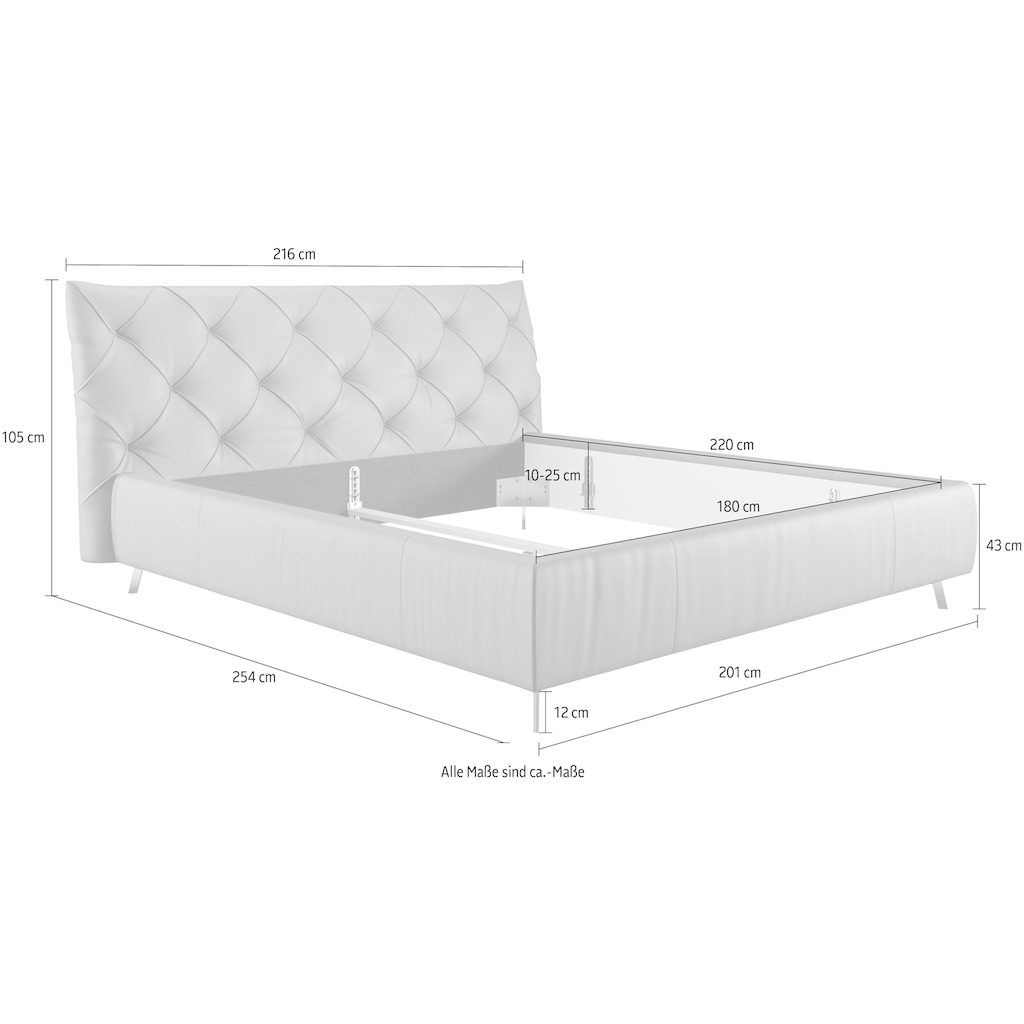 Places of Style Polsterbett »Elloree in 4 Breiten bis 200cm, auch in Leder«, Kopfteilhöhe 105cm, belastbar bis 280 kg, auch in Überlänge 220cm