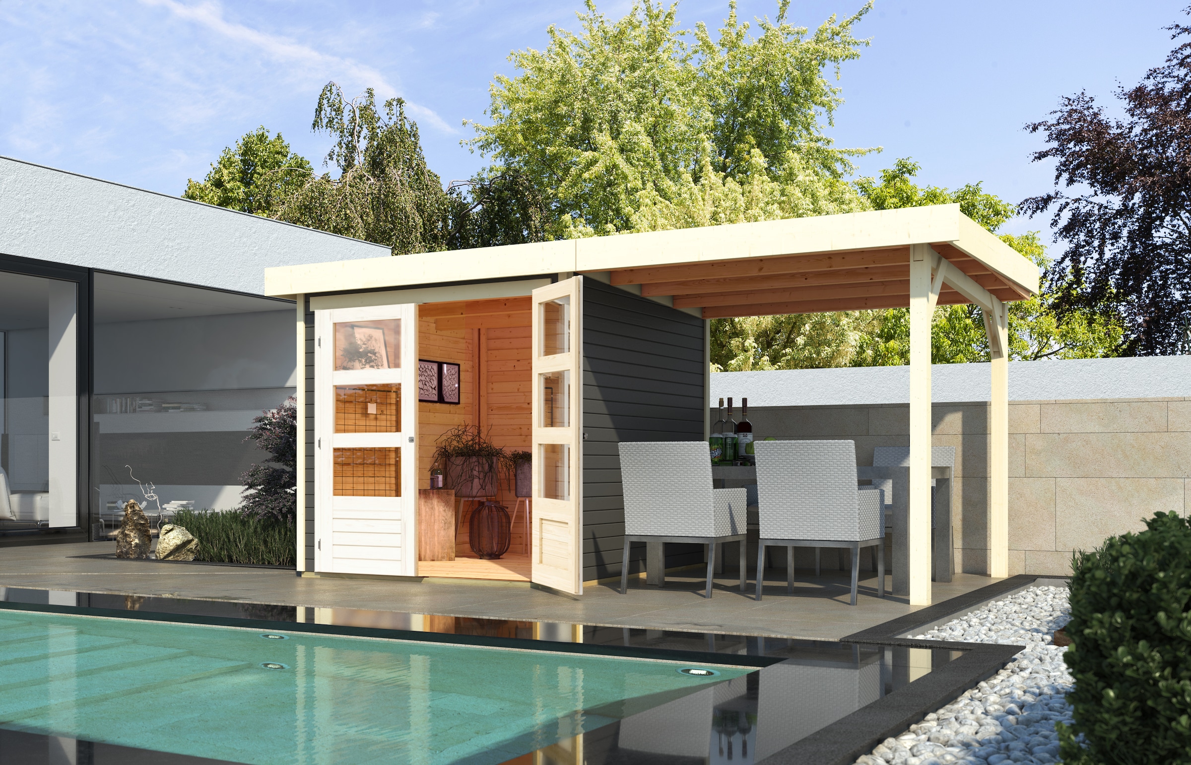 Karibu Gartenhaus "Arnis" mit Anbaudach 2,40 m Breite, Made in Germany