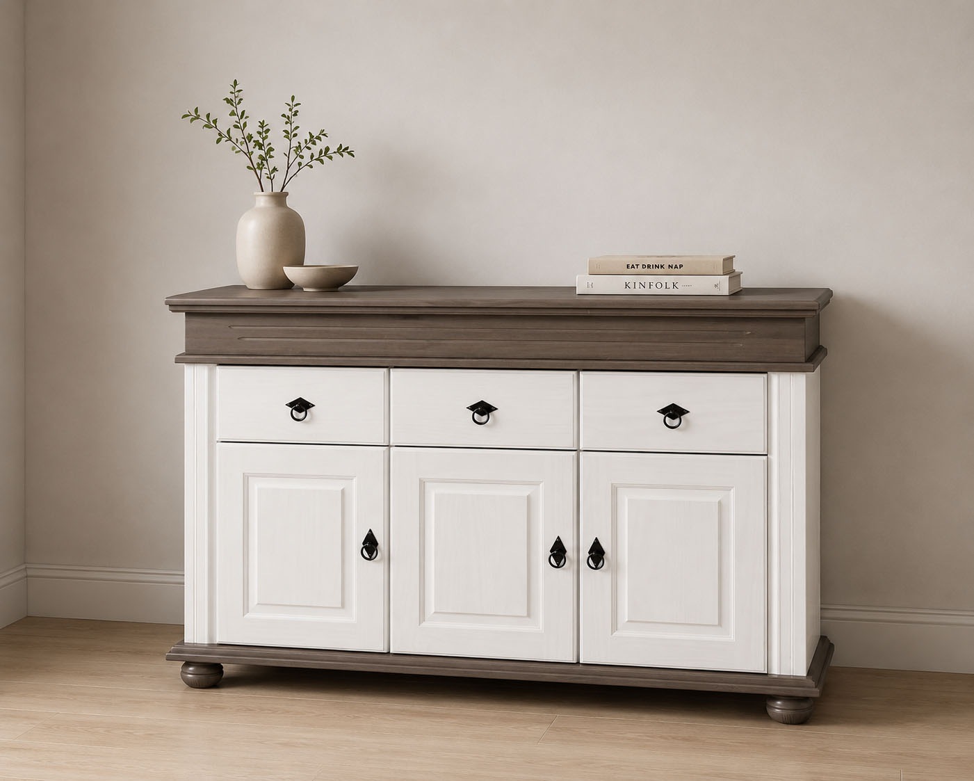 Inter Link "Halmaro, Kiefer Massivholz, Soft-close, 141 x 46 x 100 cm, Stauraum" 1 Stk. tlg. Sideboard in Weiss, Grau/Lava, Landhausstil, 3 Türen, 3 Schubladen