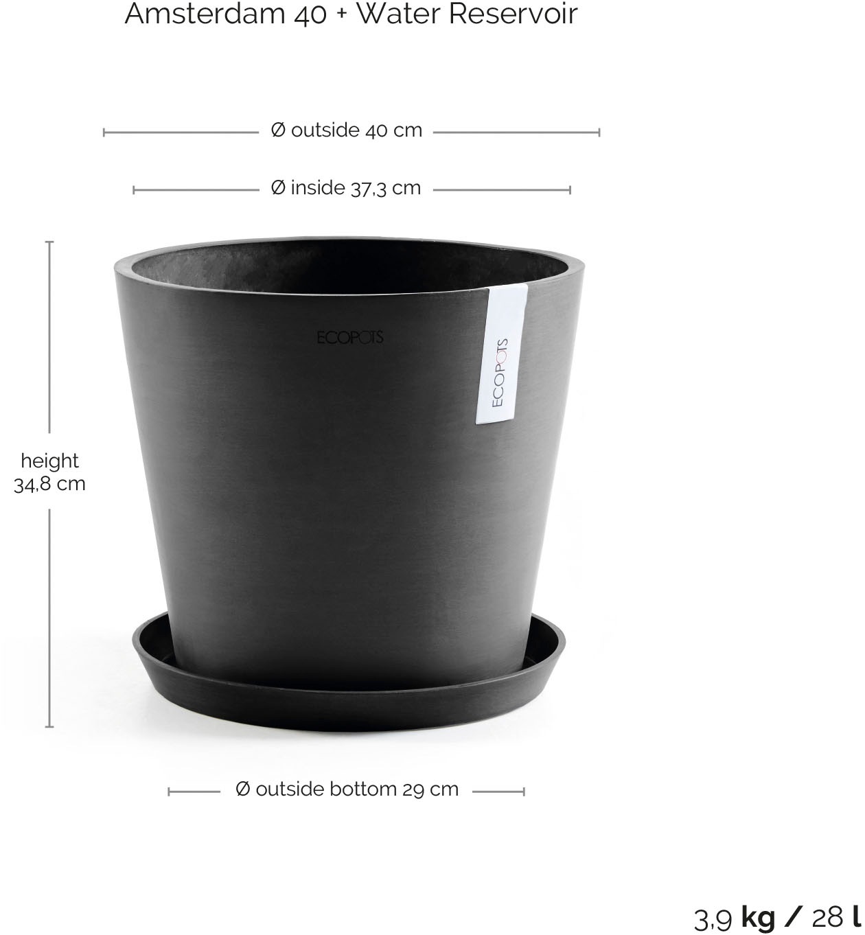 ECOPOTS Blumentopf »AMSTERDAM Dark Grey« BxTxH: 40x40x35 cm, mit Wasserreservoir
