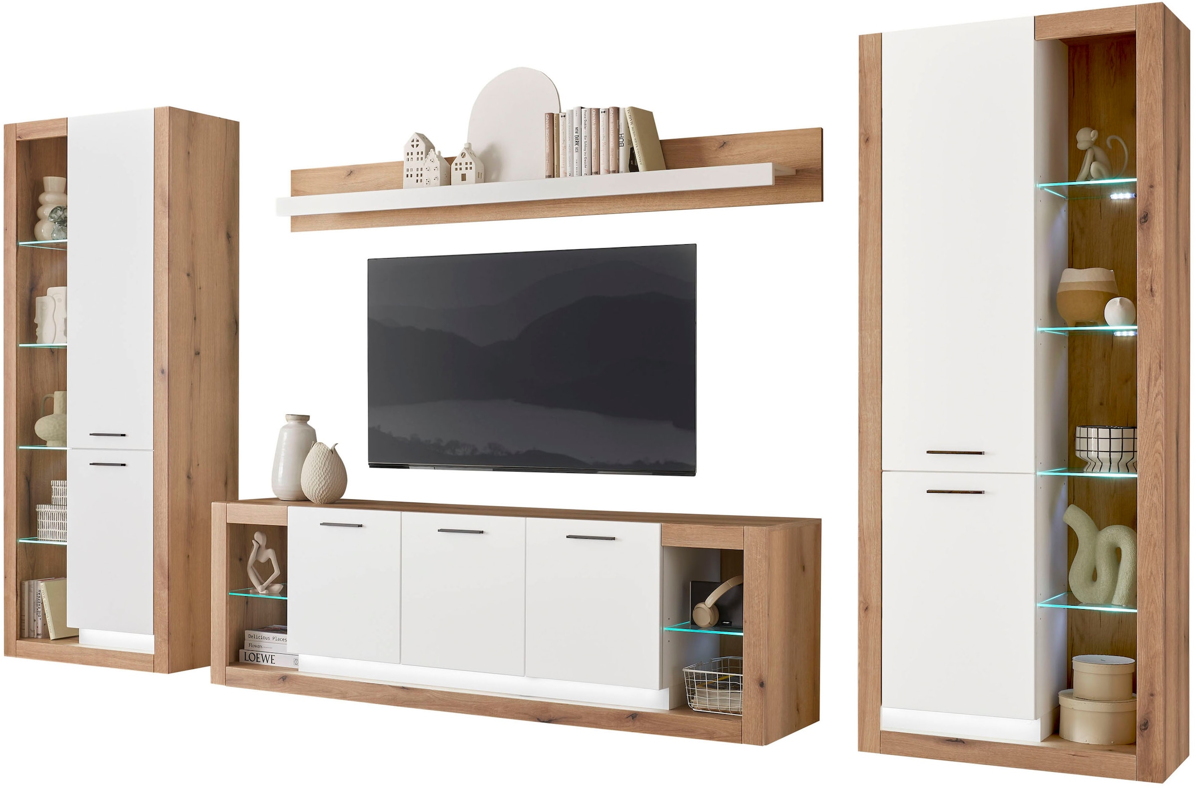 INOSIGN Wohnwand »Brixen, moderne Anbauwand, Wohnzimmer-Set, Eiche Evoke Dekor mit Weiß«, (Set, 4 St.), enthält Stauraumelemente, Lowboard und Wandboard