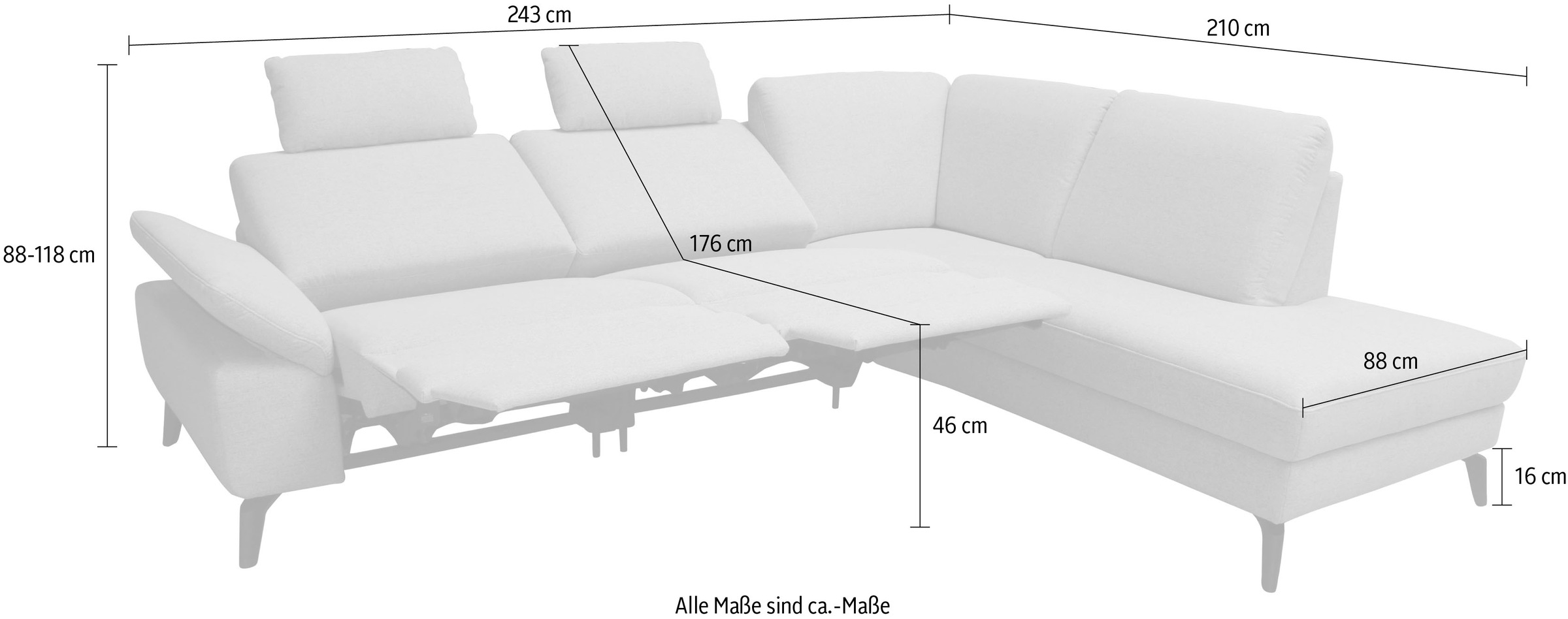 alina Ecksofa, inkl. Kopfstützen, wahlweise mit Relaxfunktion, Breite: 243 cm