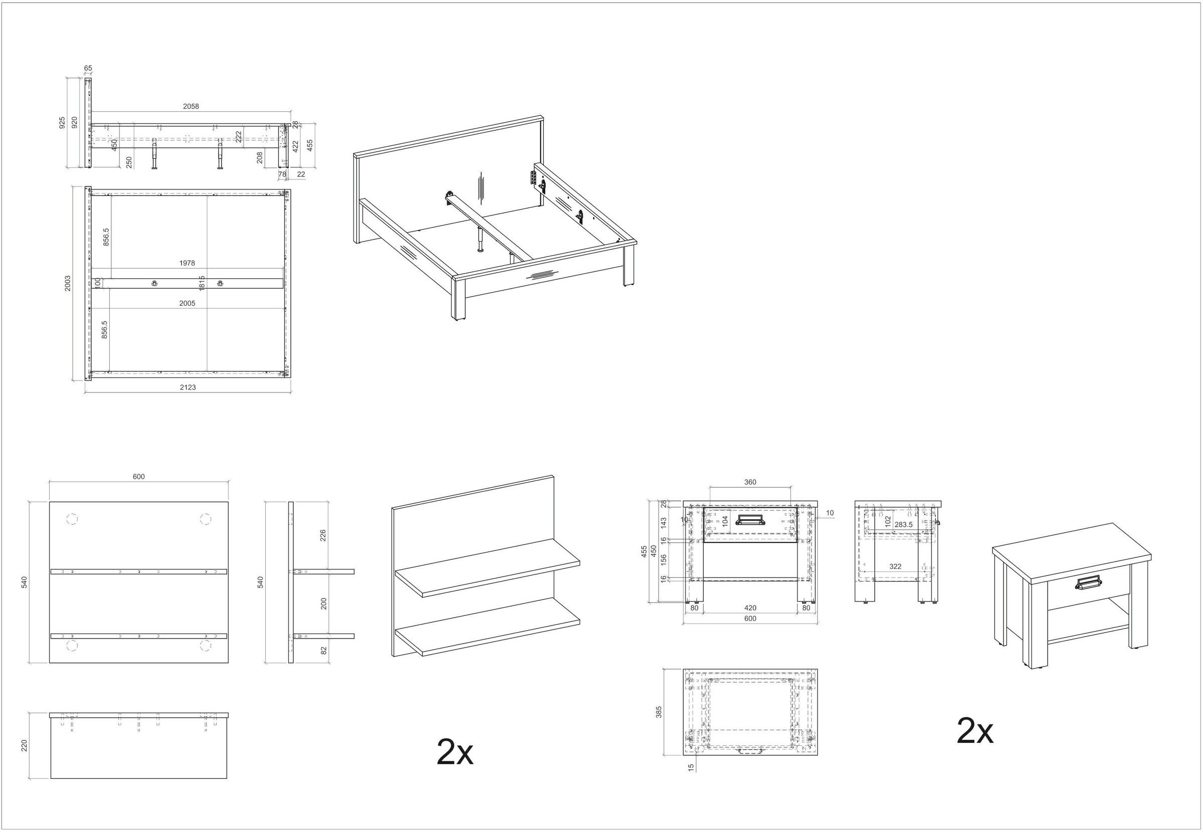 Home affaire Bettanlage »SHERWOOD«, (5 tlg.), Liegefläche 180/200cm, 2 Nachttische und 2 Wandpaneele