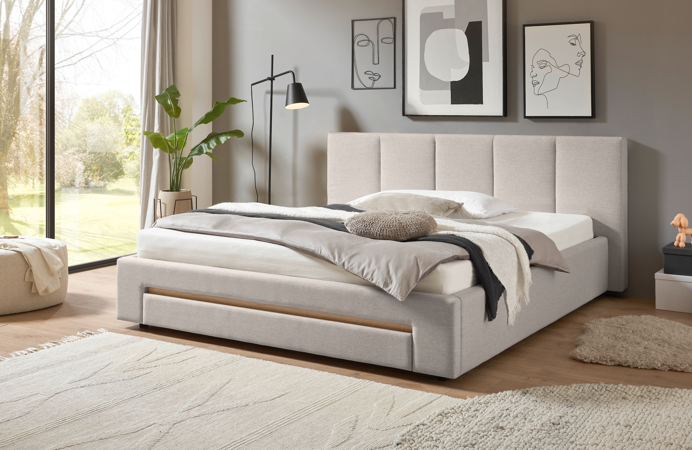 INOSIGN Polsterbett »CiTY/GiRON, Bettgestell mit Bettkasten, gepolstertes Stauraumbett«, mit Hundebett oder Stauraumschublade, Bezug Cord-oder Leinenoptik