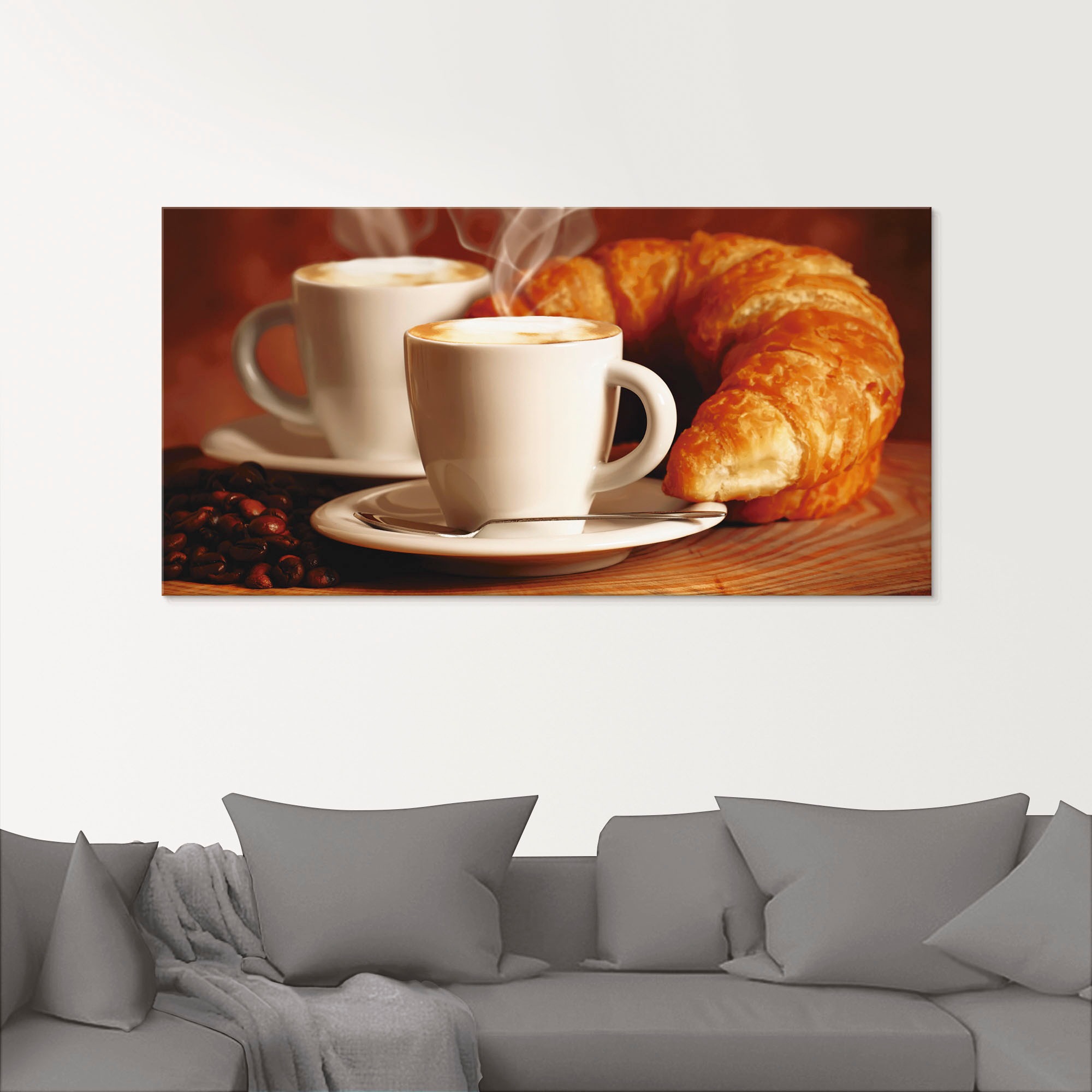 Artland Glasbild »Dampfender Cappuccino und Croissant«, Getränke, (1 St.), in verschiedenen Größen