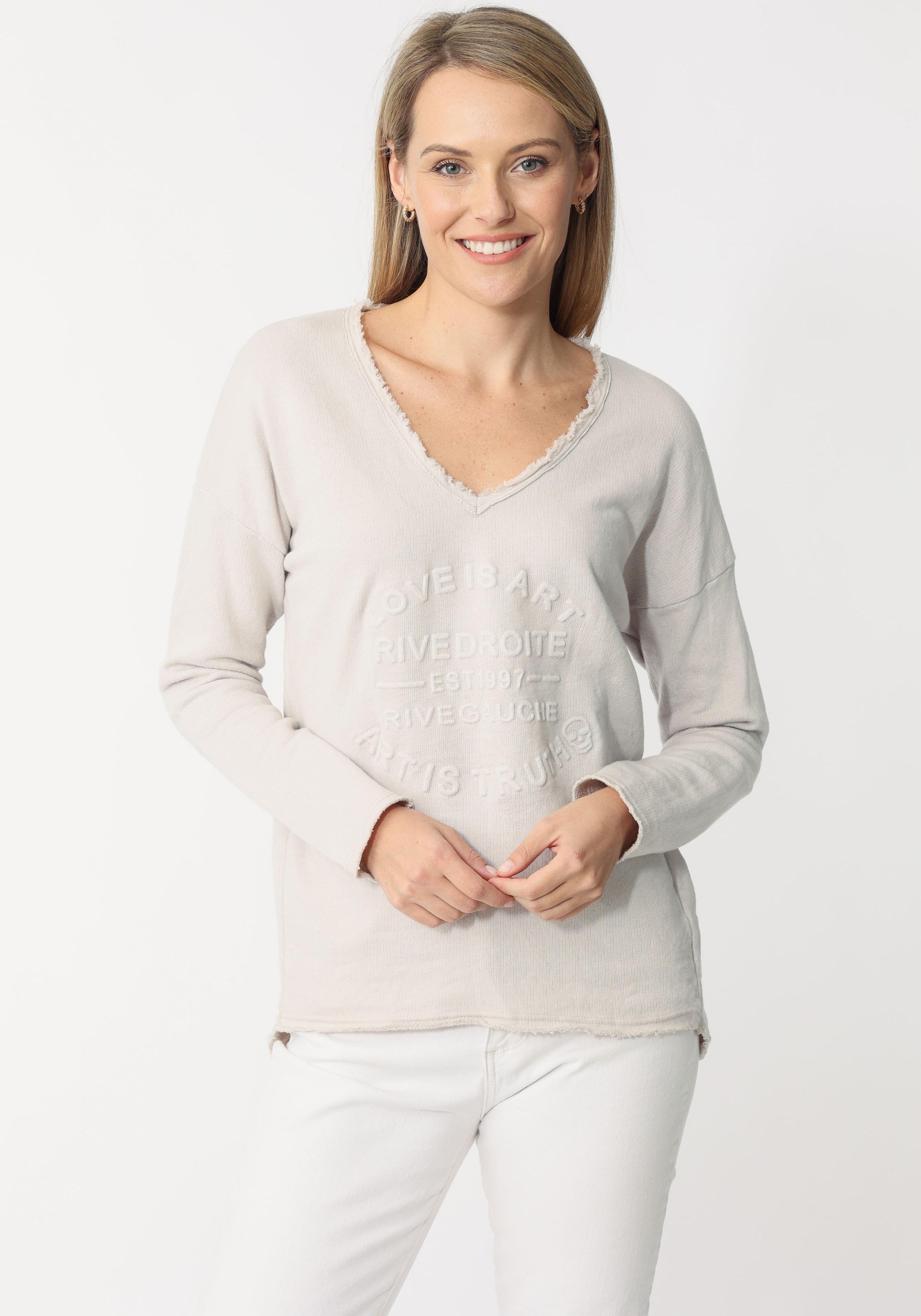 Zwillingsherz Sweatshirt, ausgefranster V-Ausschnitt, Vintage Look, Langarm günstig online kaufen
