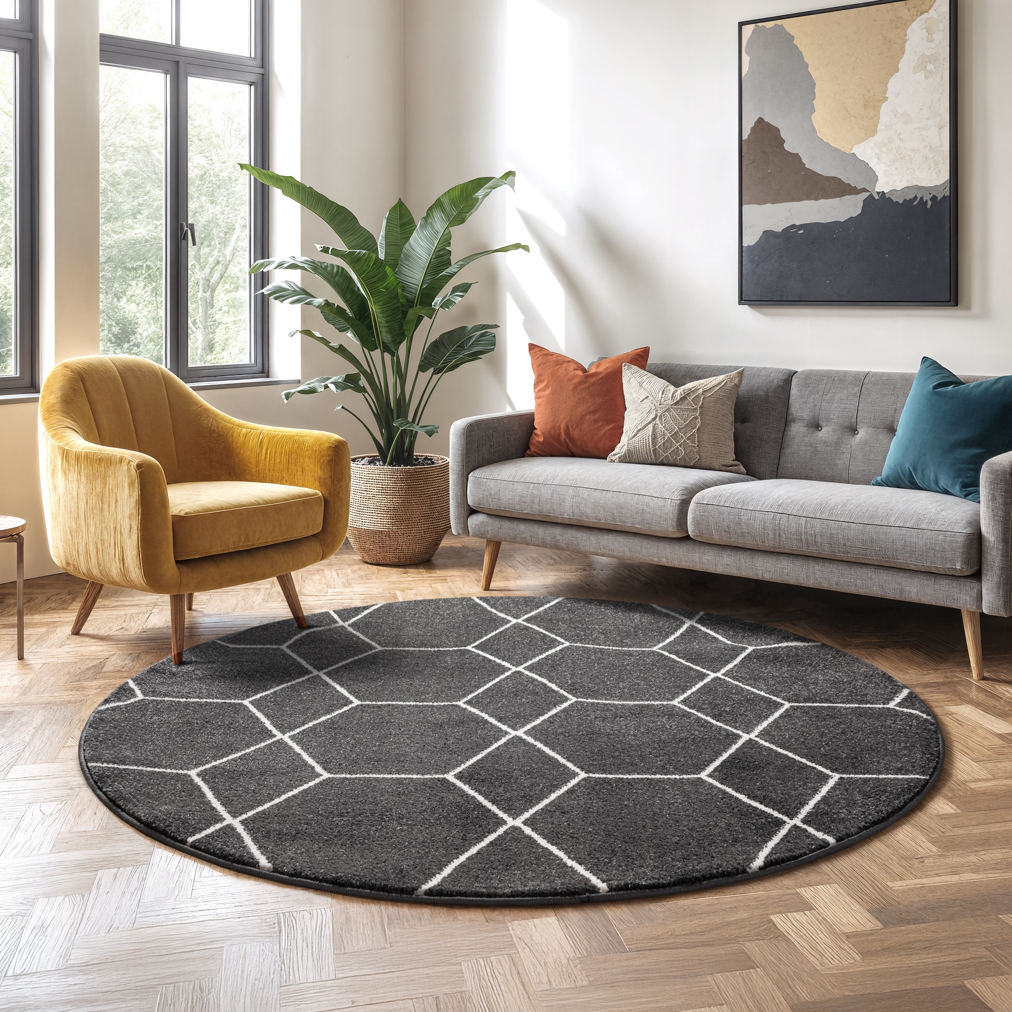 Sanat Teppich "Trellis" rund 10 mm Höhe Kurzflor, skandi, boho, auch als Lä günstig online kaufen