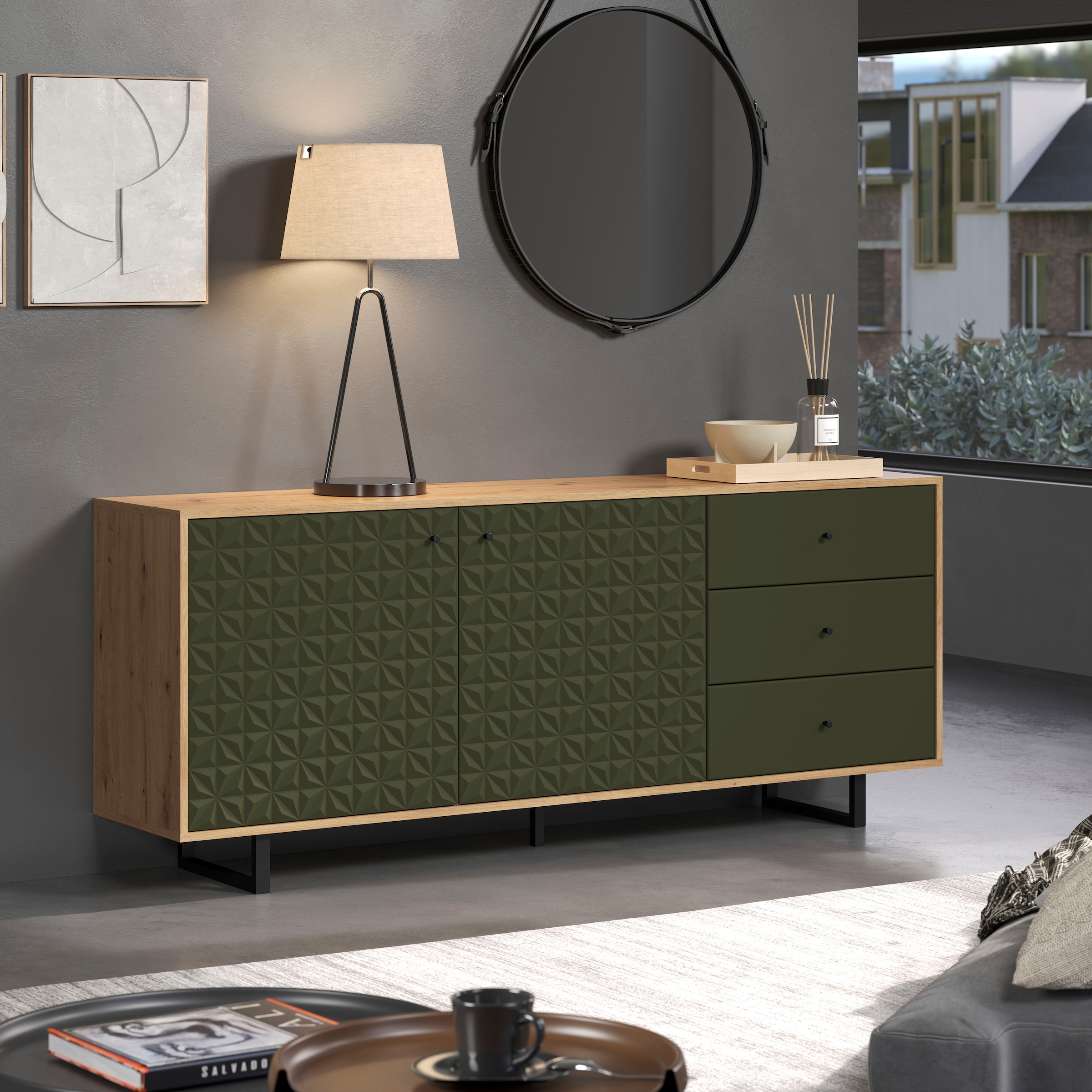 Home affaire Sideboard »Ferretti« Wohnzimmerkommode mit besonderer Fräsung und Füße/Griffe aus Metall