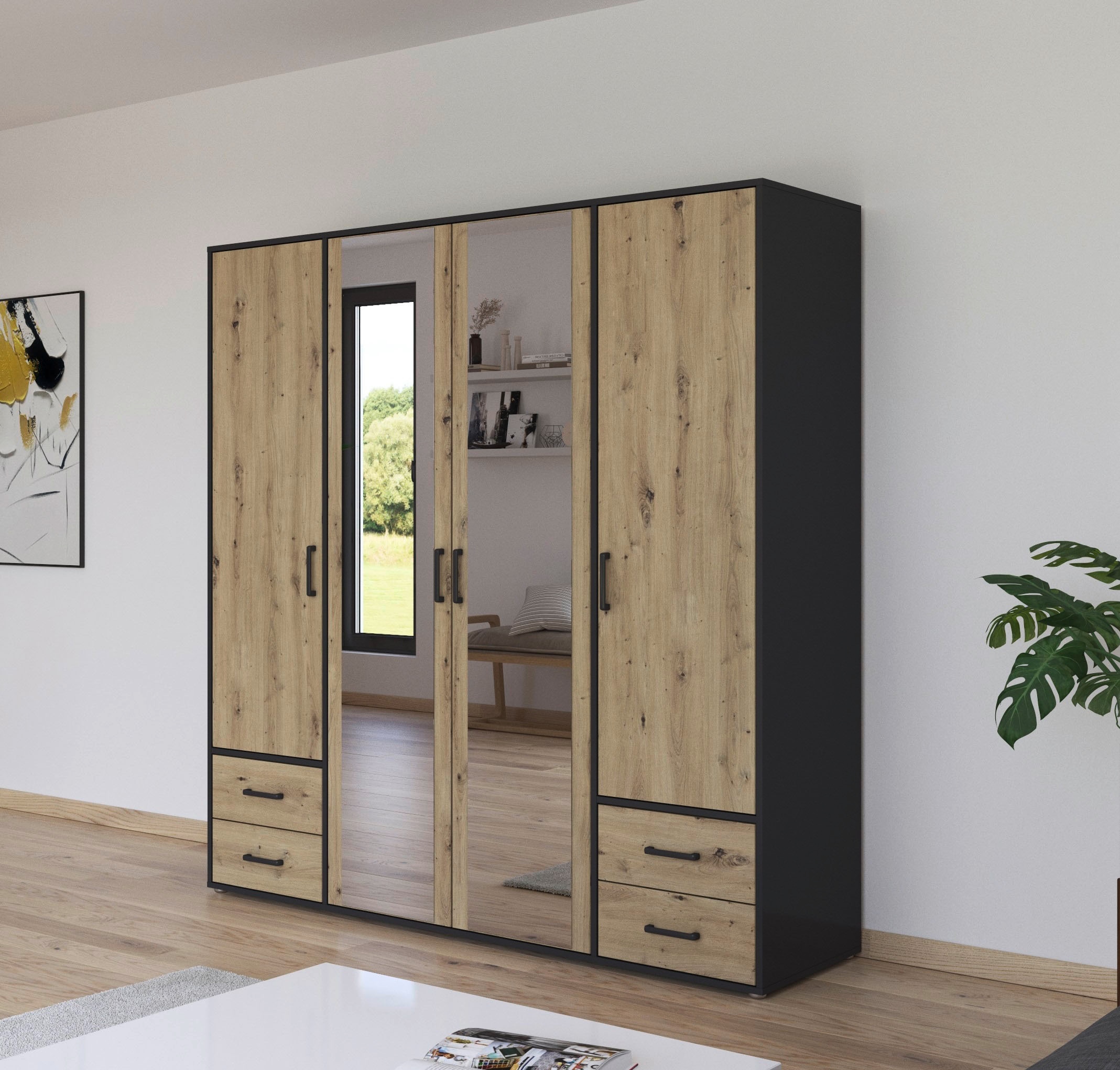rauch Drehtürenschrank »Kleiderschrank Schrank Garderobe Wäscheschrank VOYAGER«, (in 3 verschiedenen Ausstattungen BASIC/CLASSIC/PREMIUM), mit modernen Griffen in Graumetallic, inkl. Schubkästen und Spiegel