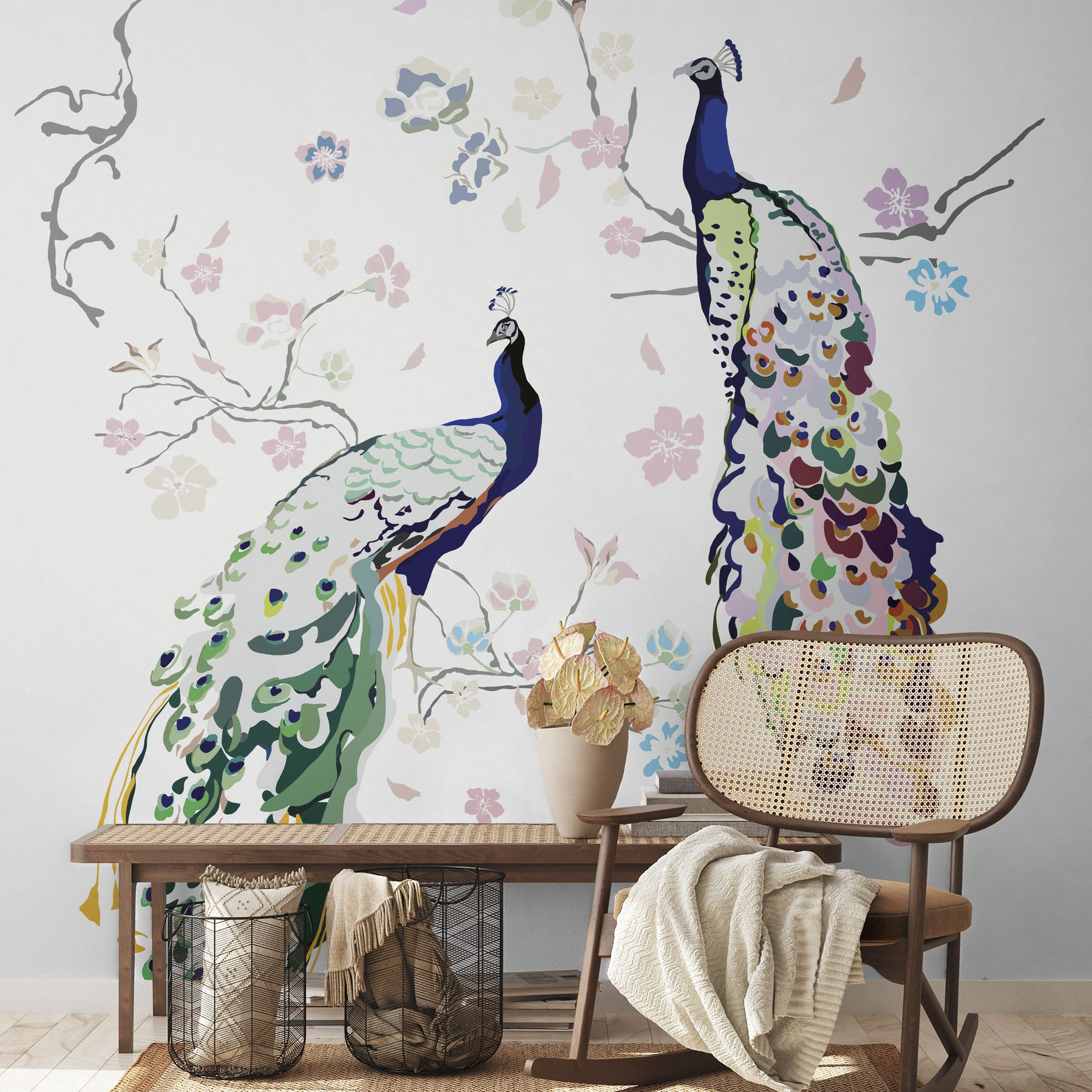 living walls Vliestapete "House of Turnowsky Designer Fototapete Pfau" gemustert matt neutral glatt Vogeltapete Floral Tapeten Wohnzimmer Schlafzimmer Küche Design Optik