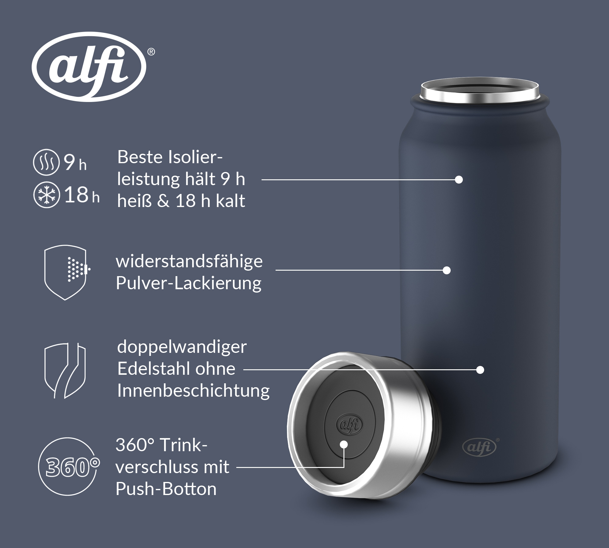 Alfi Thermobecher »PURE DRINKING MUG, absolut dicht, spülmaschinenfest« 0,50l, 9h heiß & 18h kalt, mit Druckknopf, Pulverbeschichtung