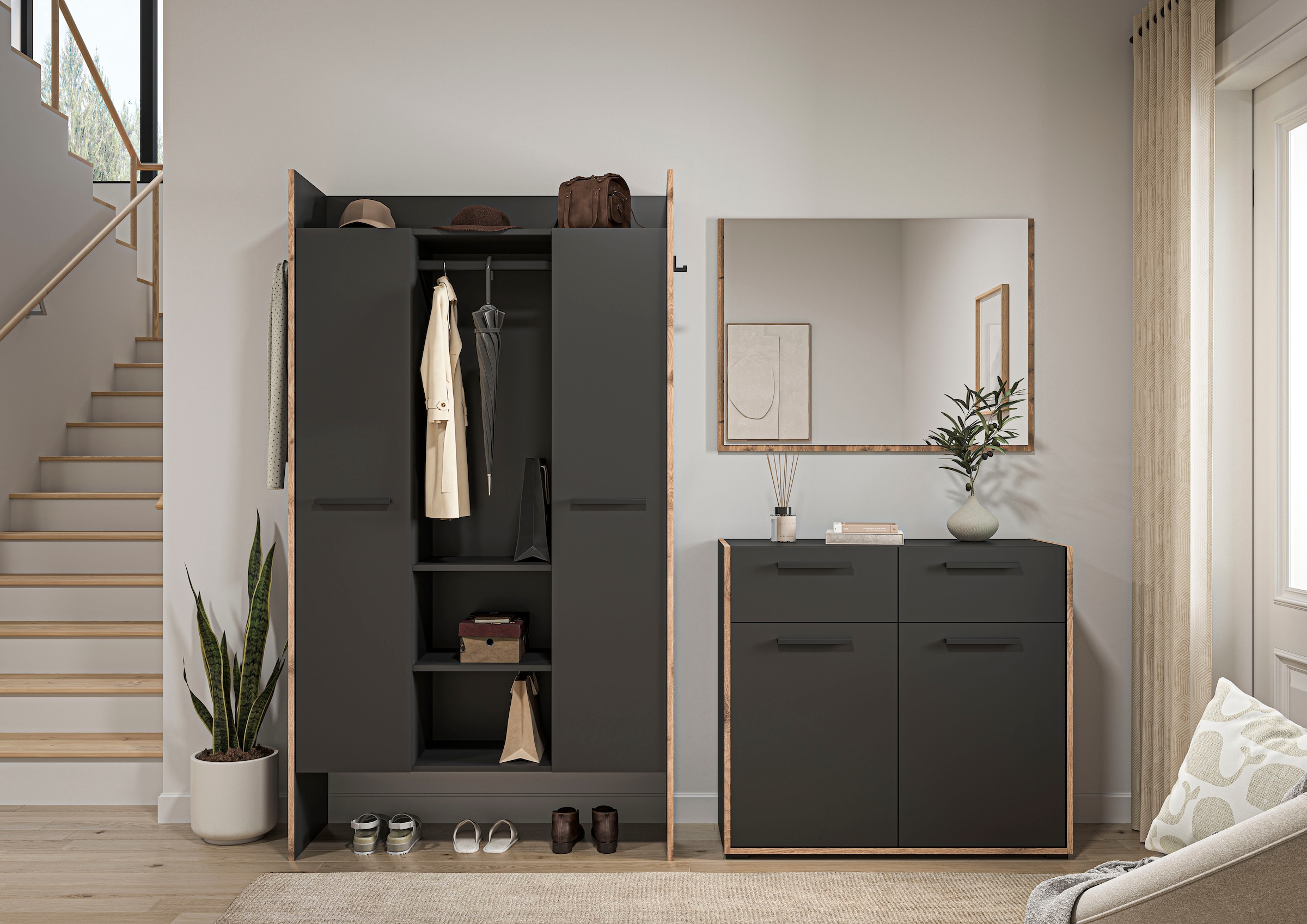 INOSIGN Garderoben-Set »MUSTA, 3-teilig: Garderobenschrank, Kommode & Garderobenspiegel«, Kombination, Kompaktgarderobe, Garderobenkombination, Garderobe