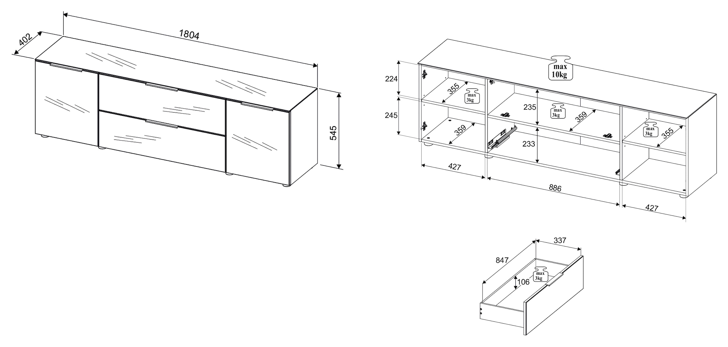 HBZ Lowboard »Santorin TV Möbel bis 65 Zoll, Stellmaß BxHxT 180x55x40 cm«, (1 St.), Mit 2 Türen mit Softclose, 1 Schubkasten, Glasfront und Glasoberboden