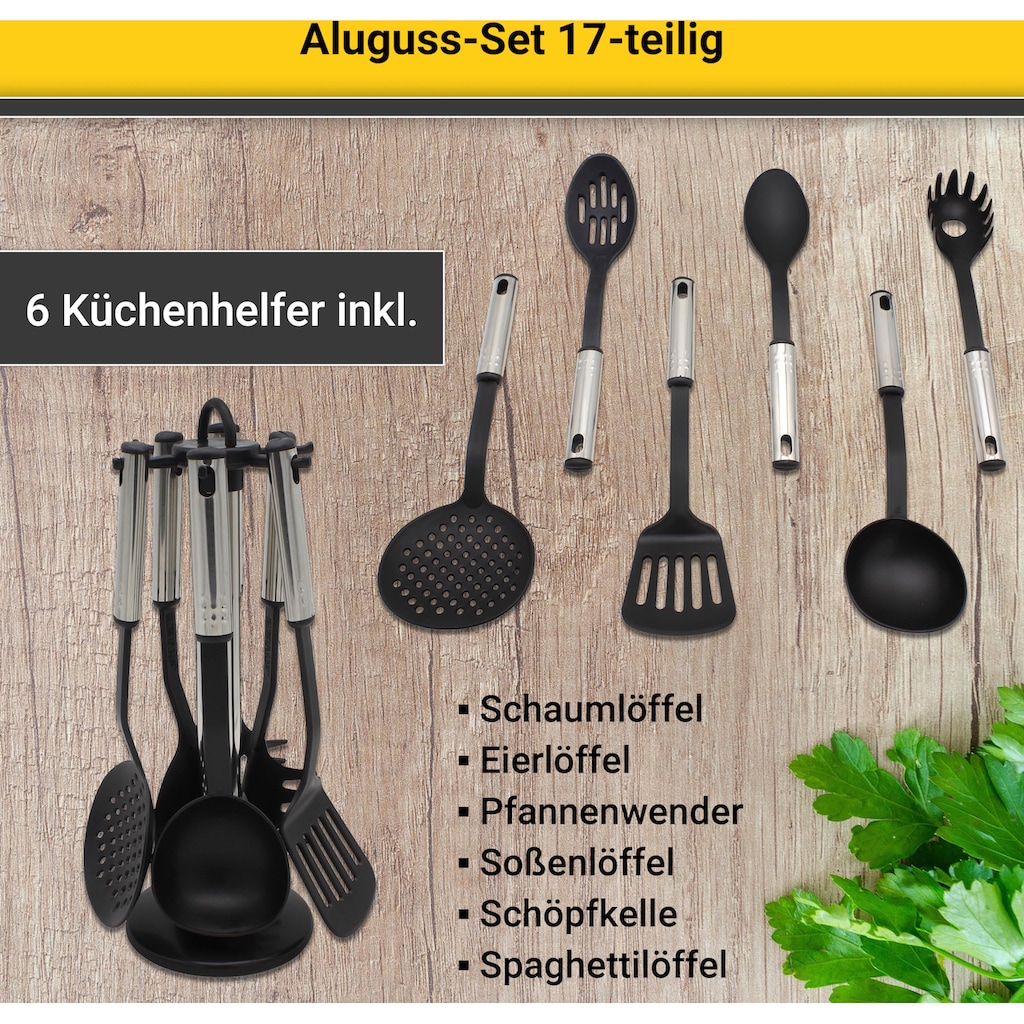 Krüger Topf-Set, Aluminiumguss, (Set, 17 tlg., Fleischtopf 16/18/20/24 cm, Stieltopf 16 cm, Steakpfanne)