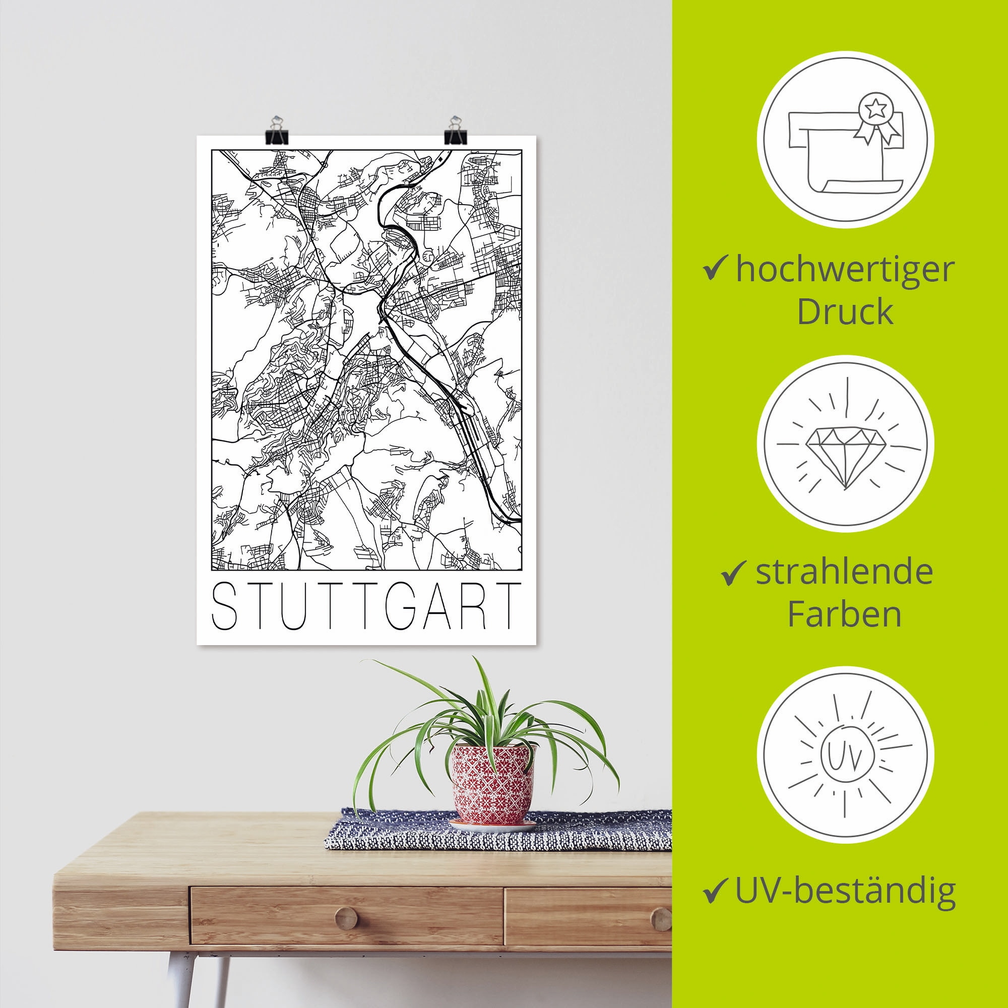 Artland Poster »Retro Karte Stuttgart Deutschland«, Deutschland, (1 St.), als Alubild, Leinwandbild, Wandaufkleber oder Poster in versch. Größen