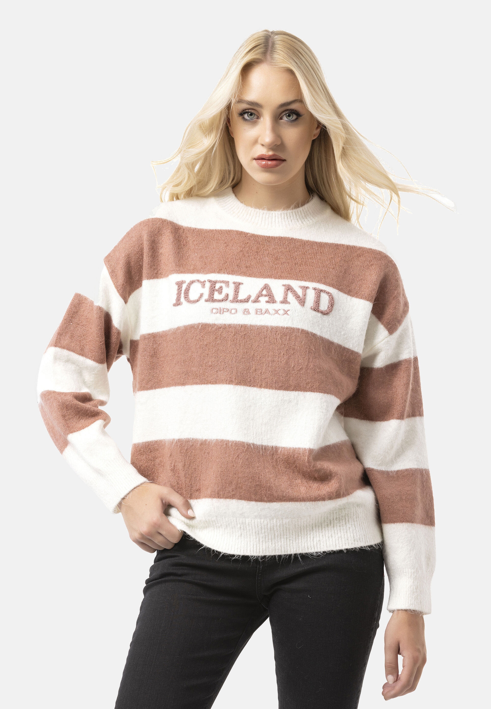 Cipo & Baxx Strickpullover "WP263" 1 Stk. Streifenmuster mit Frontprint günstig online kaufen