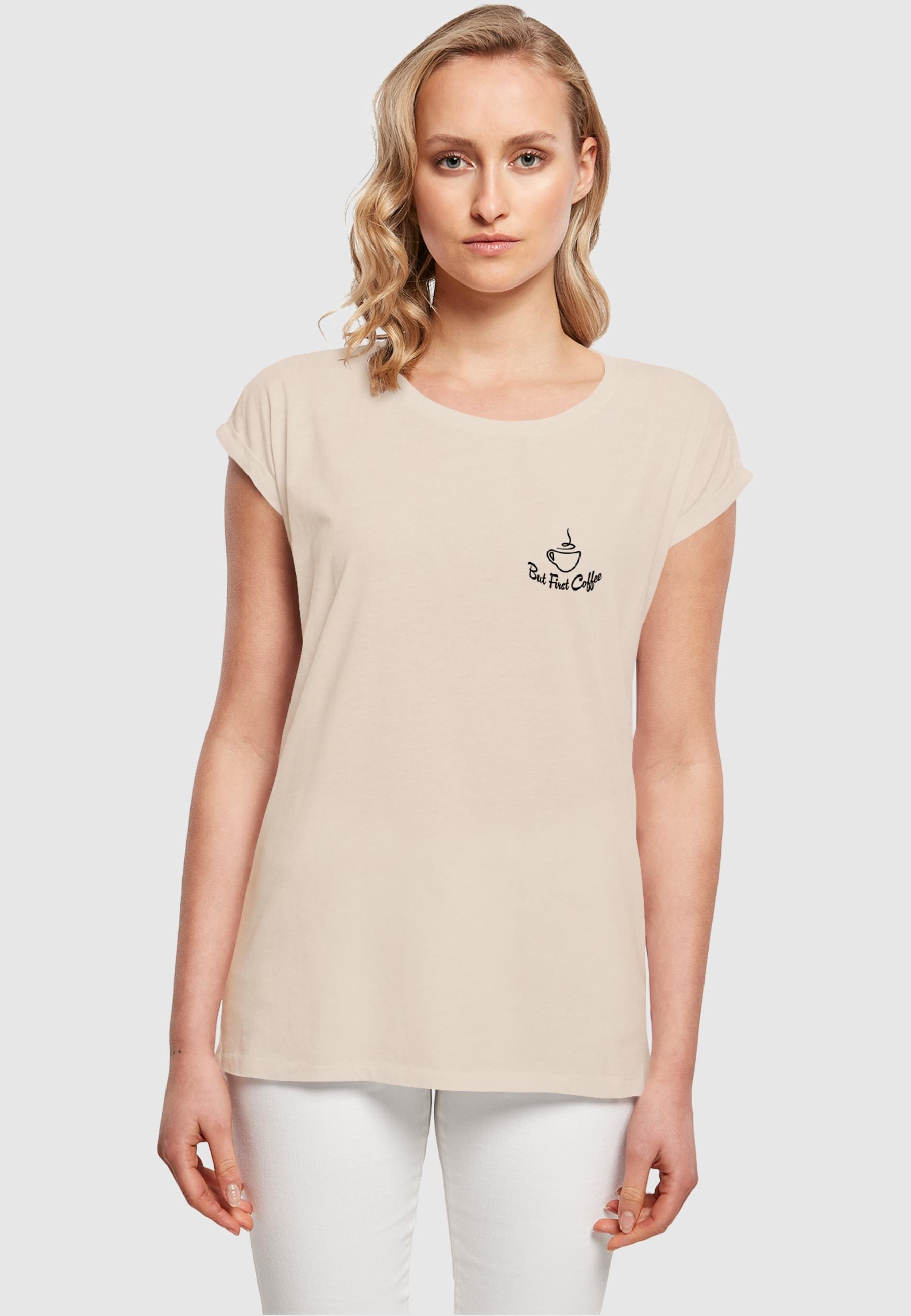 Merchcode T-Shirt »Merchcode Damen Ladies But First Coffee Extended Shoulder Tee«, (1 tlg.)