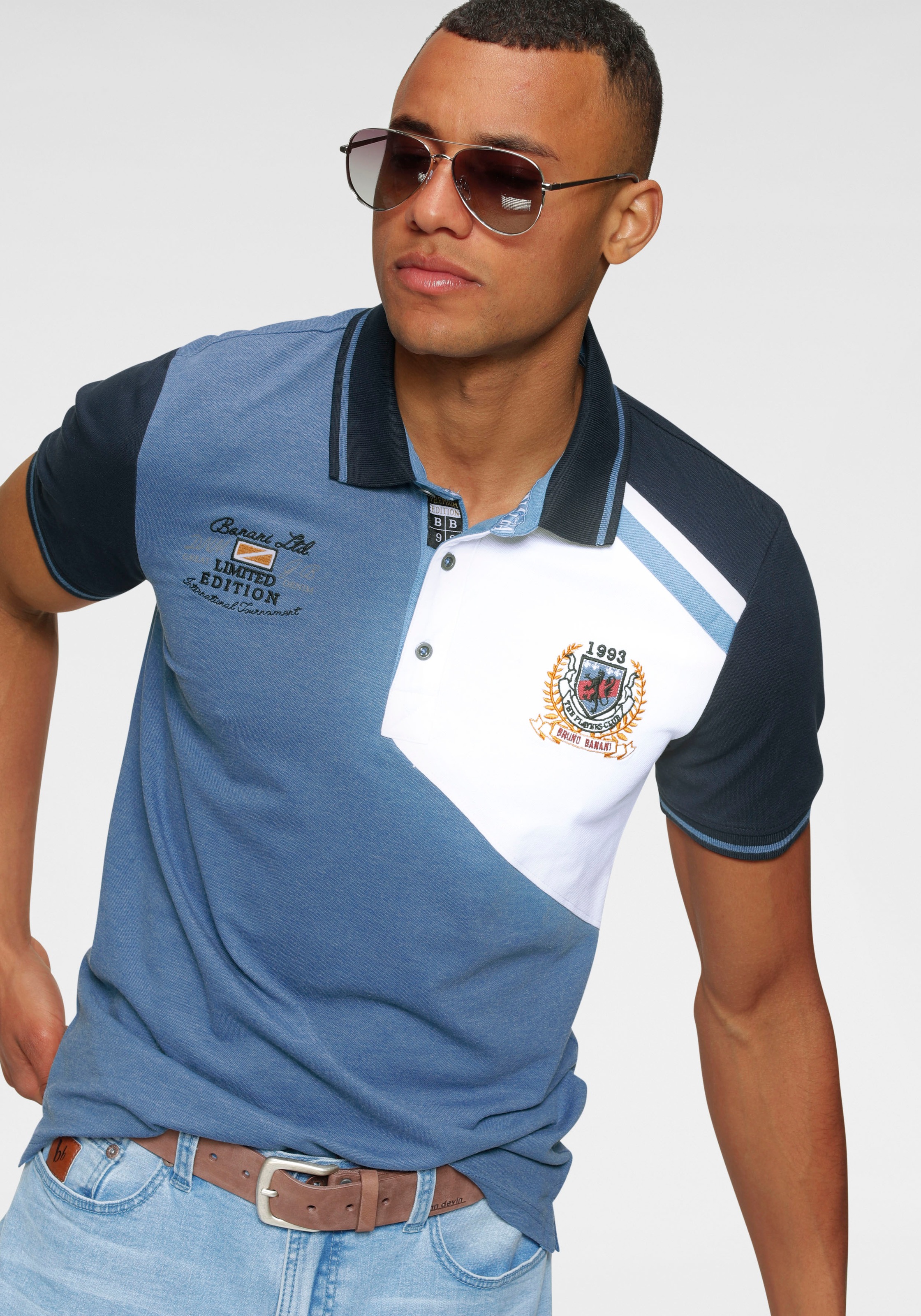 Poloshirt BRUNO BANANI, Herren, Gr. L (52/54), blau (marine), Piqué, Obermaterial: 57% Baumwolle, 38% Polyester, 5% Elasthan. Einsatz: 95% Baumwolle, 5% Elasthan, bestickt, körpernah, Shirts, Kurzarm, körpernahe Passform, unifarben, mit Polokragen, Topsel 3