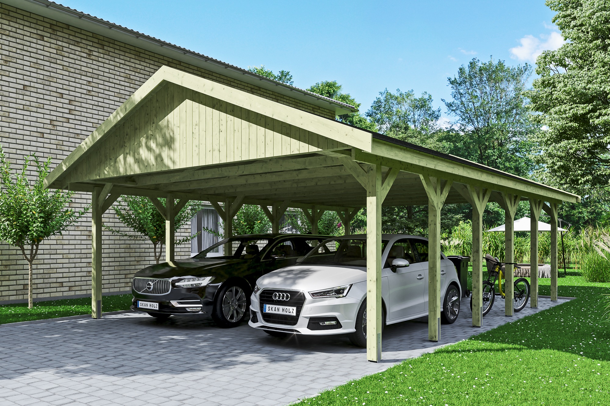 Skanholz Doppelcarport "Wallgau" Massivholz 530 cm Grün mit schwarzen Dachschindeln