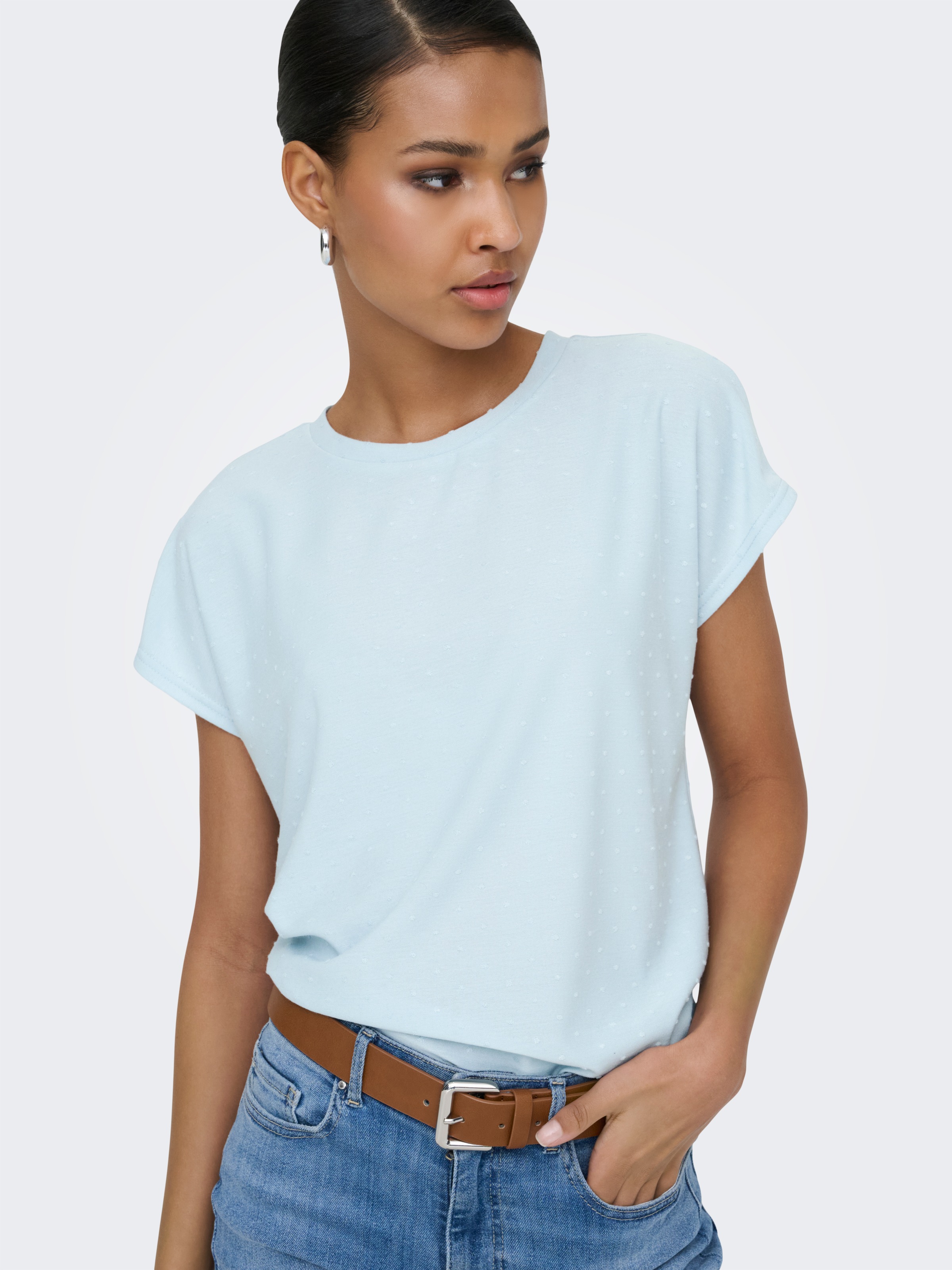 Kurzarmshirt ONLY "ONLMOLLY S/S O-NECK DOBBY TOP JRS", Damen, Gr. XS, winter sky, Jersey, Obermaterial: 80% Polyester, 20% Viskose, unifarben, regular fit normal, Rundhals, Shirts, Materialmix, regular fit, Rundhals 7