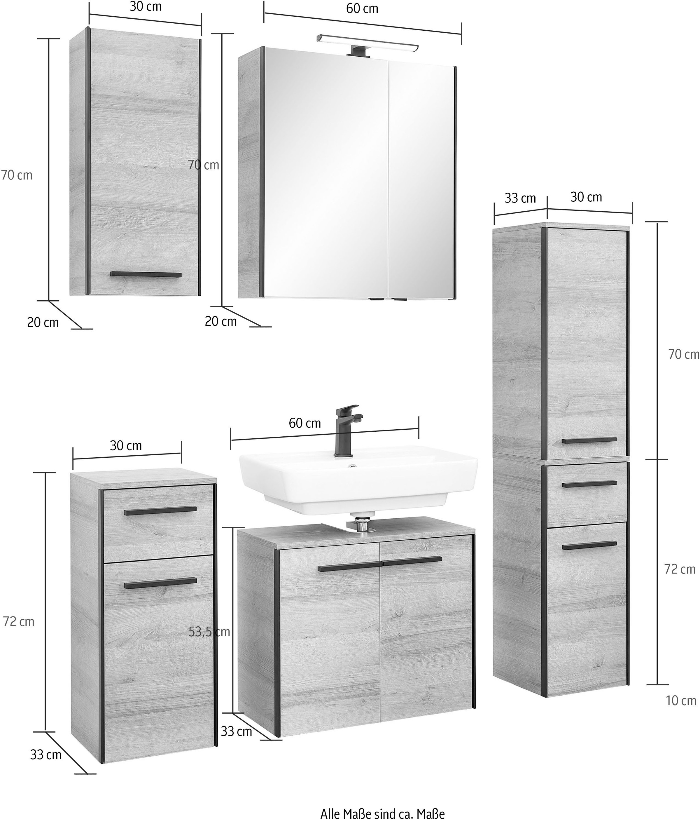 Saphir Badmöbel-Set »Quickset 395 5-teilig, Waschbeckenunterschrank mit LED-Spiegelschrank«, (6 St.), Unterschrank, Hängeschrank, Midischrank, inkl. Türdämpfer, 7 Türen