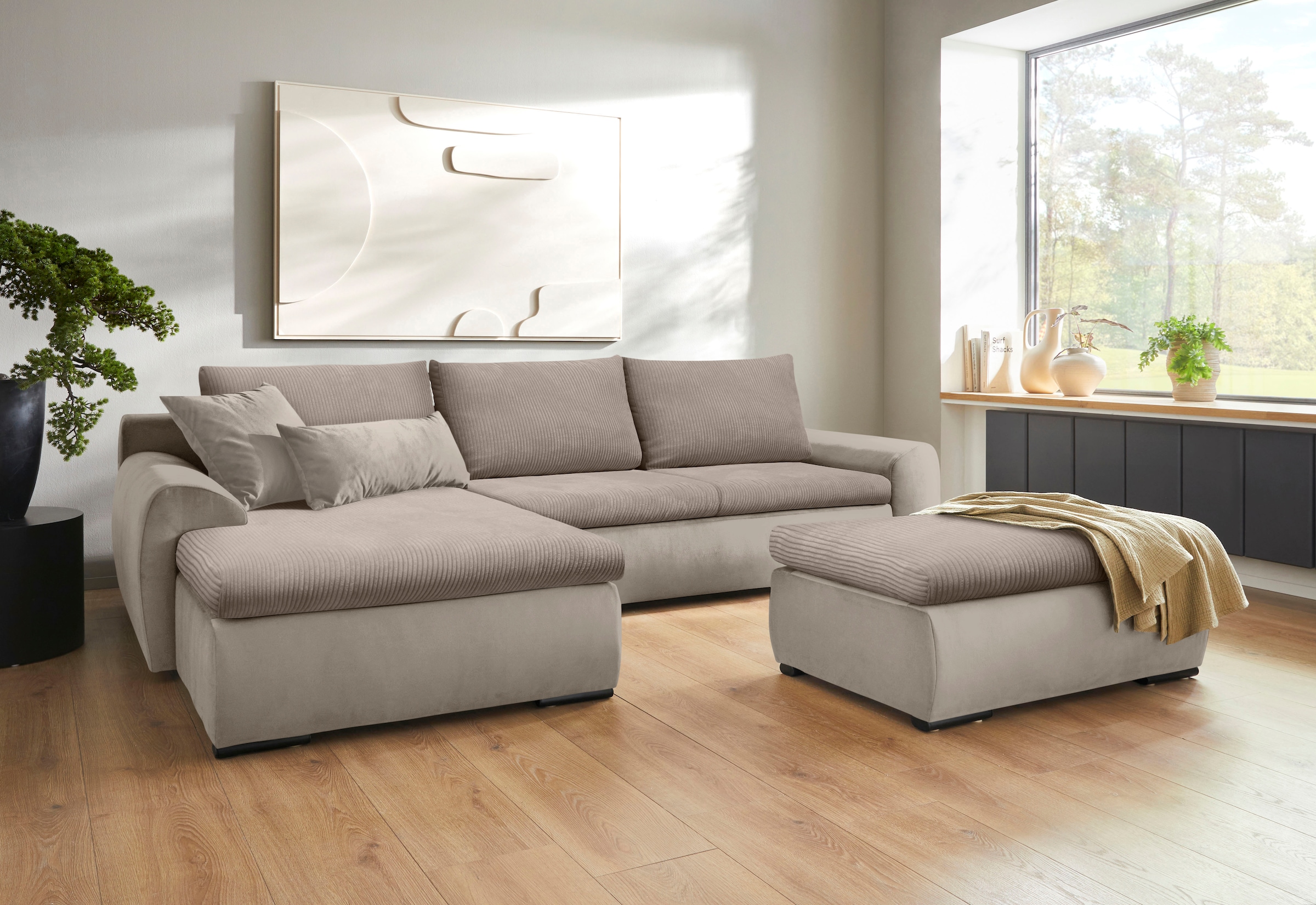 Home affaire Ecksofa »Win, L-Form, Breite 285cm«, optional mit Schlaffunktion und Bettkasten, taupe, Cord
