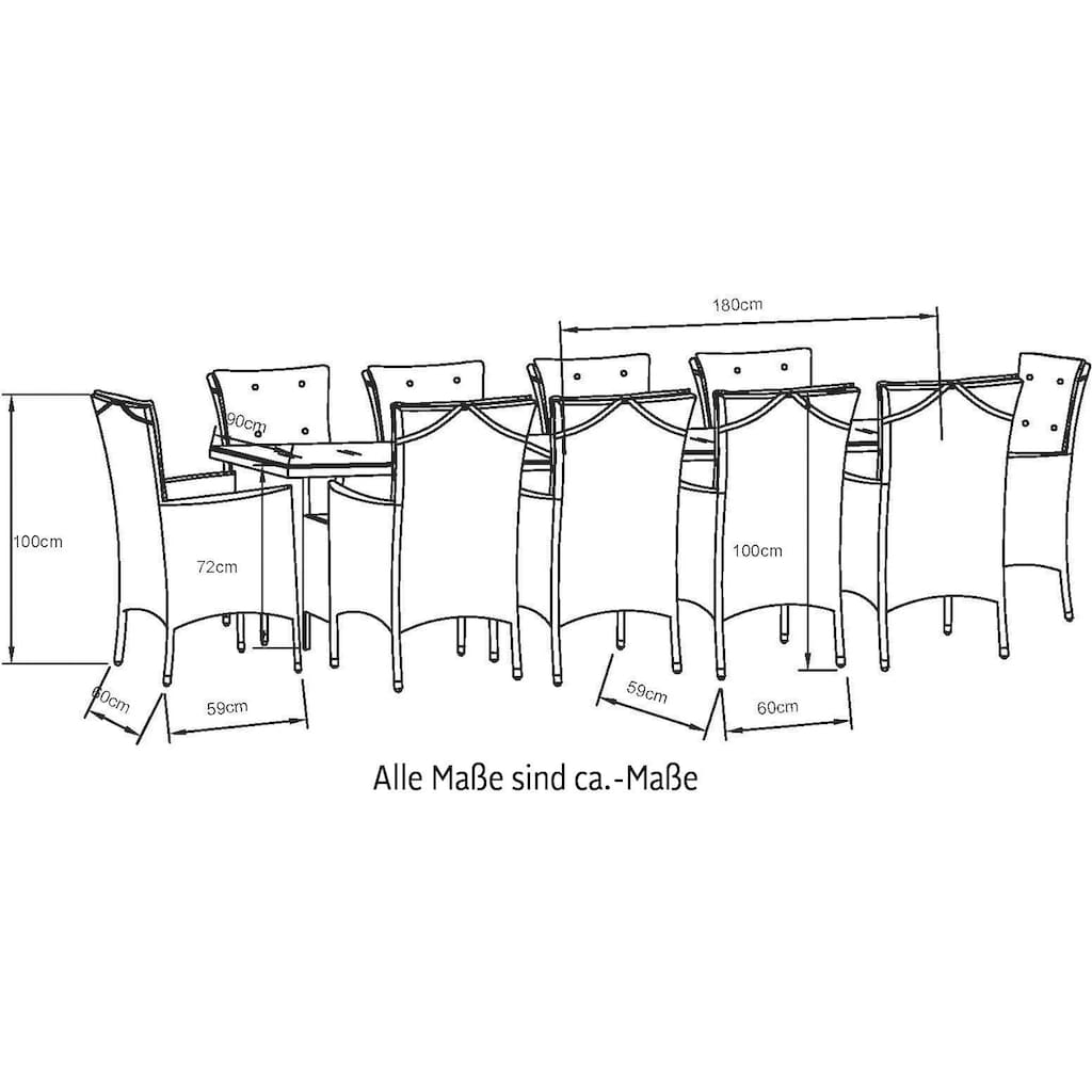 KONIFERA Garten-Essgruppe »Belluno«, (Set, 21 tlg., 10x Sessel, 1x AZ-Tisch 179-300x73/89cm, inkl. Auflagen, Polyrattan), 2 der 10 Sessel stufenlos verstellbar, Tischplatte aus Sicherheitsglas