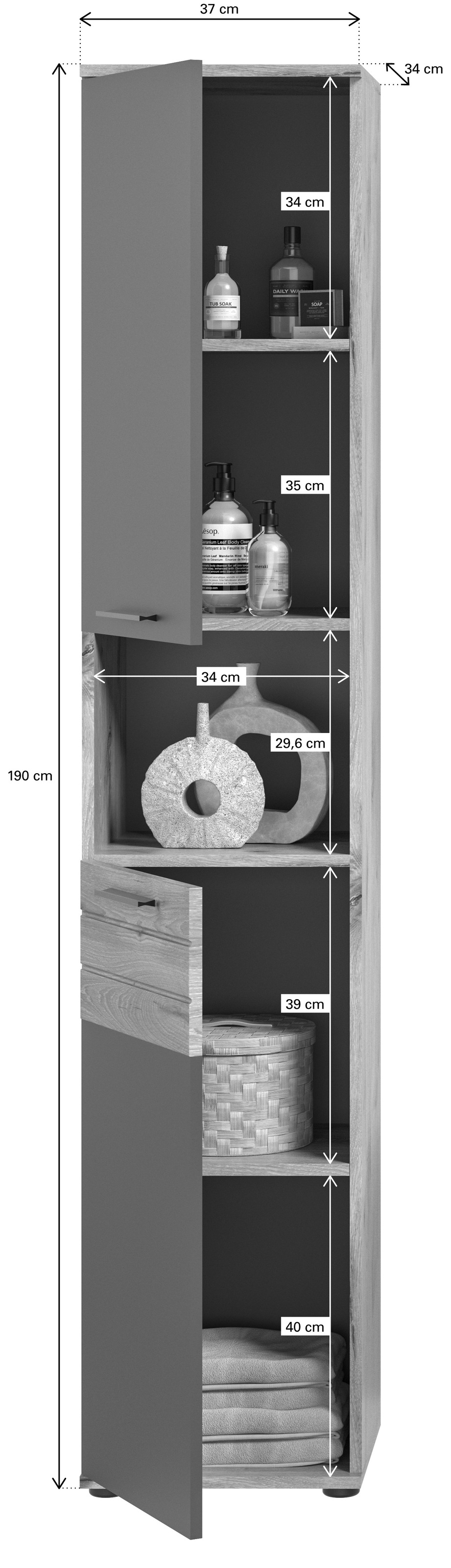 INOSIGN Hochschrank »Riga, Breite 37 cm, 2 Türen (Türanschlag wechselbar), 1 offenes Fach«, Standschrank, Badmöbel, Badschrank, Schrank, Bad, Badezimmer