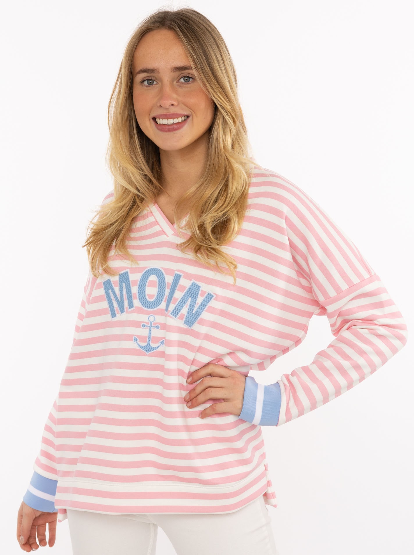 Zwillingsherz Hoodie ""Streifen Moin"", V-Neck, gestreift, Stickerei mit Anker, gestreifte Bündchen
