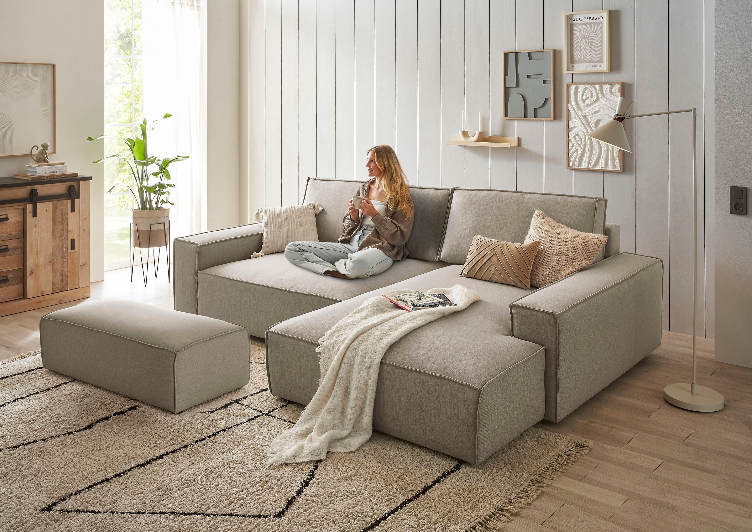 Home affaire Polsterecke »NEU: SHERWOOD XXL tief, L-Form mit Schlaffunktion, Big-Sofa mit Hocker«, (Set, 2 St.), stellbar zum Schlafsofa (Krokodilverbinder), Cord, Leinenoptik
