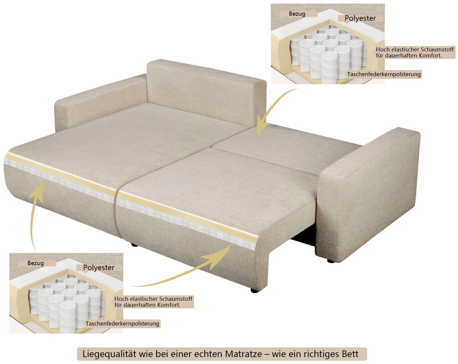 OTTO home Ecksofa »TILLIE L-Form, 229 cm - OTTO. Verlässliche Qualität.« Schlaffunktion (132/194), Bettkasten, Struktur-Bezug