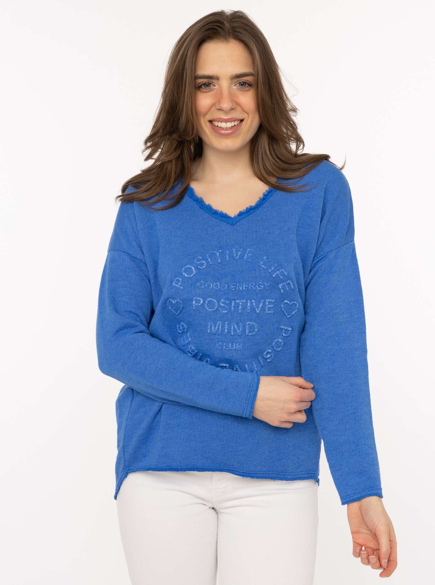 Zwillingsherz ""Positive Mind"", ausgefranster V-Ausschnitt, Used Look, Langarm, Schriftzug