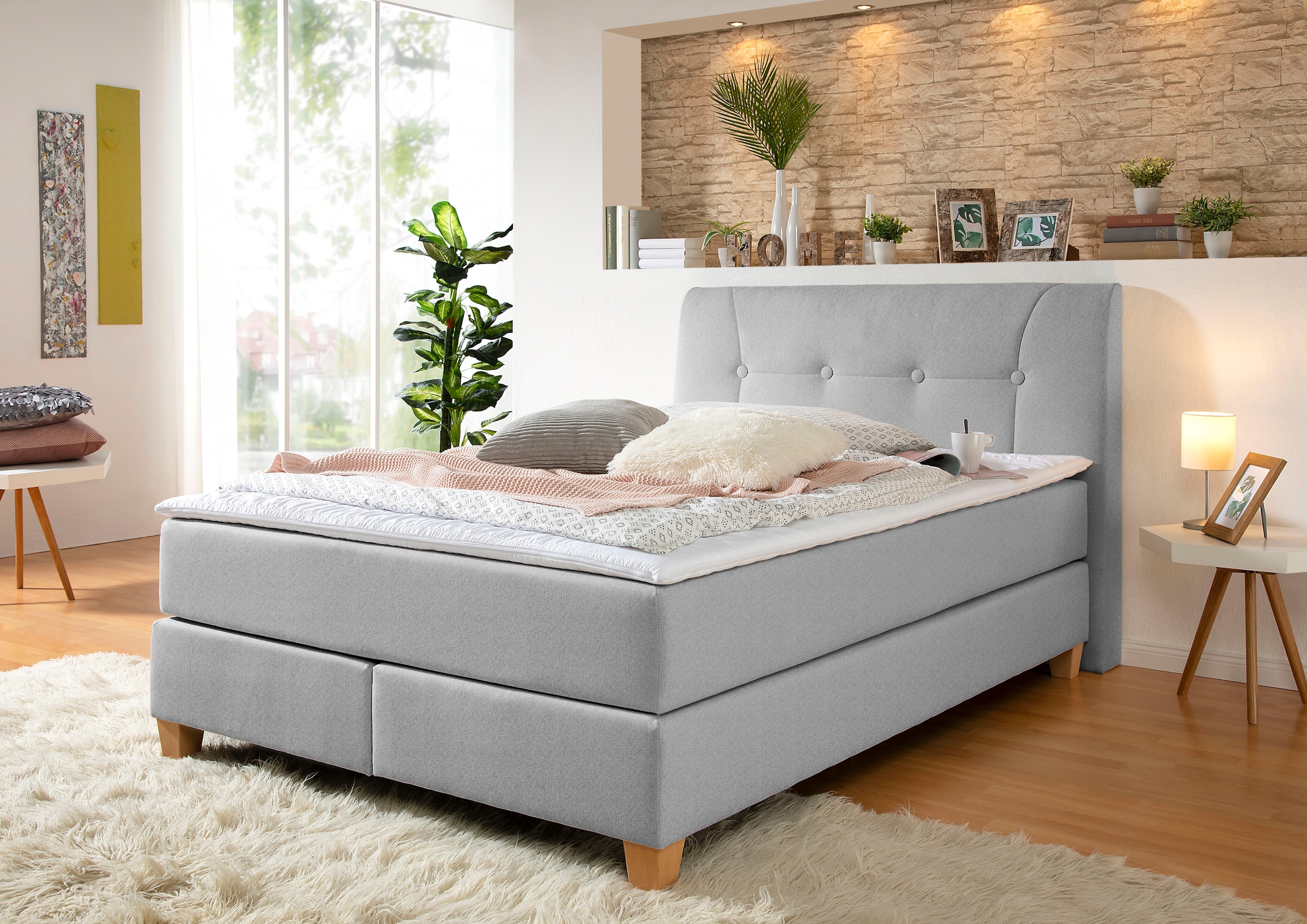 Boxspringbett HOME AFFAIRE "Calloway", grau, B:148cm L:218cm, Komplettbetten, Boxspringbett, inkl. Topper, XXL-Ausführung, in 4 Farben, 5 Breiten, 3 Matratzenarten