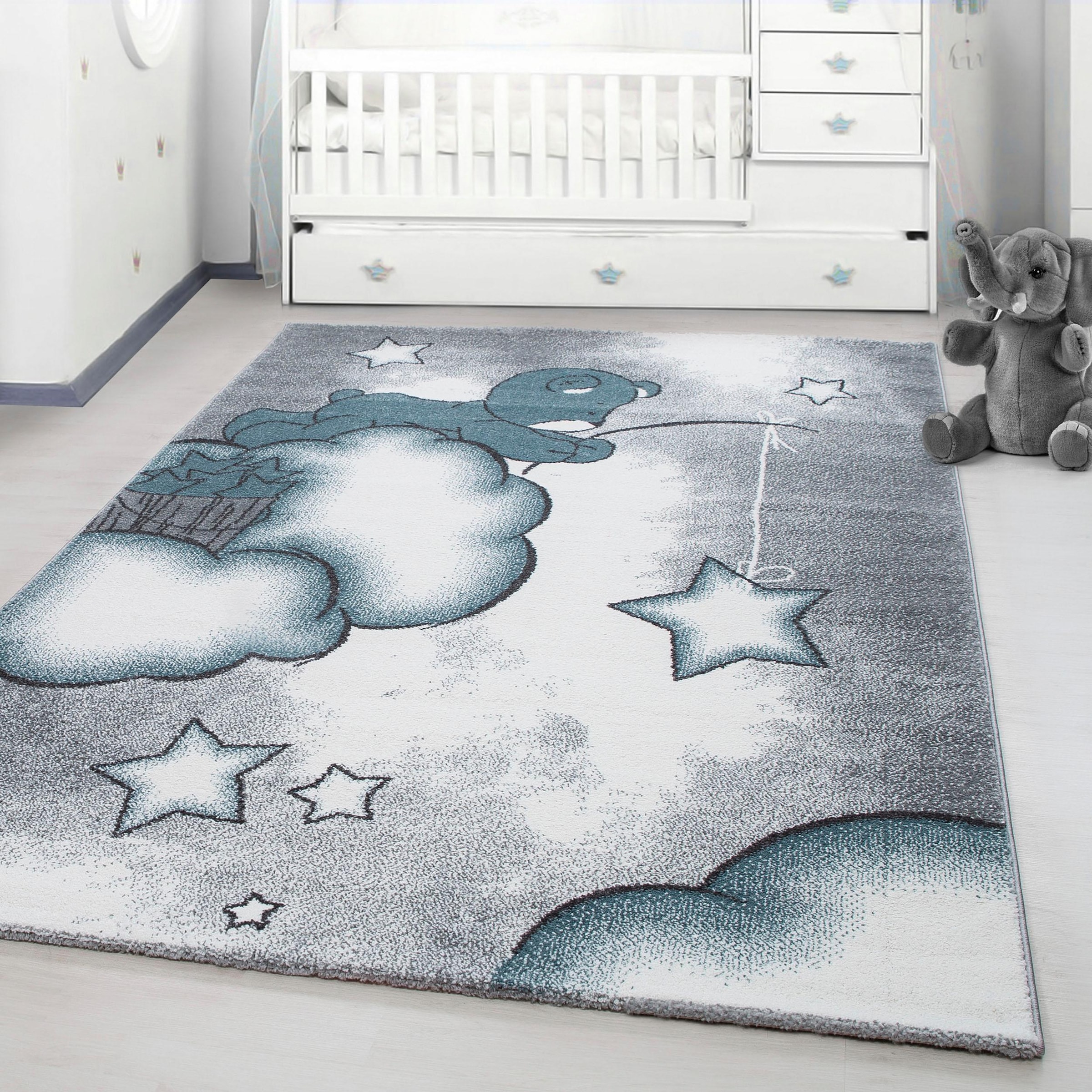 Ayyildiz Teppiche Kinderteppich "Kids 580, auch in rund erhältlich" rechteckig 12 mm Höhe auch in rund, Teddybär, Sterne Design, Kurzflor