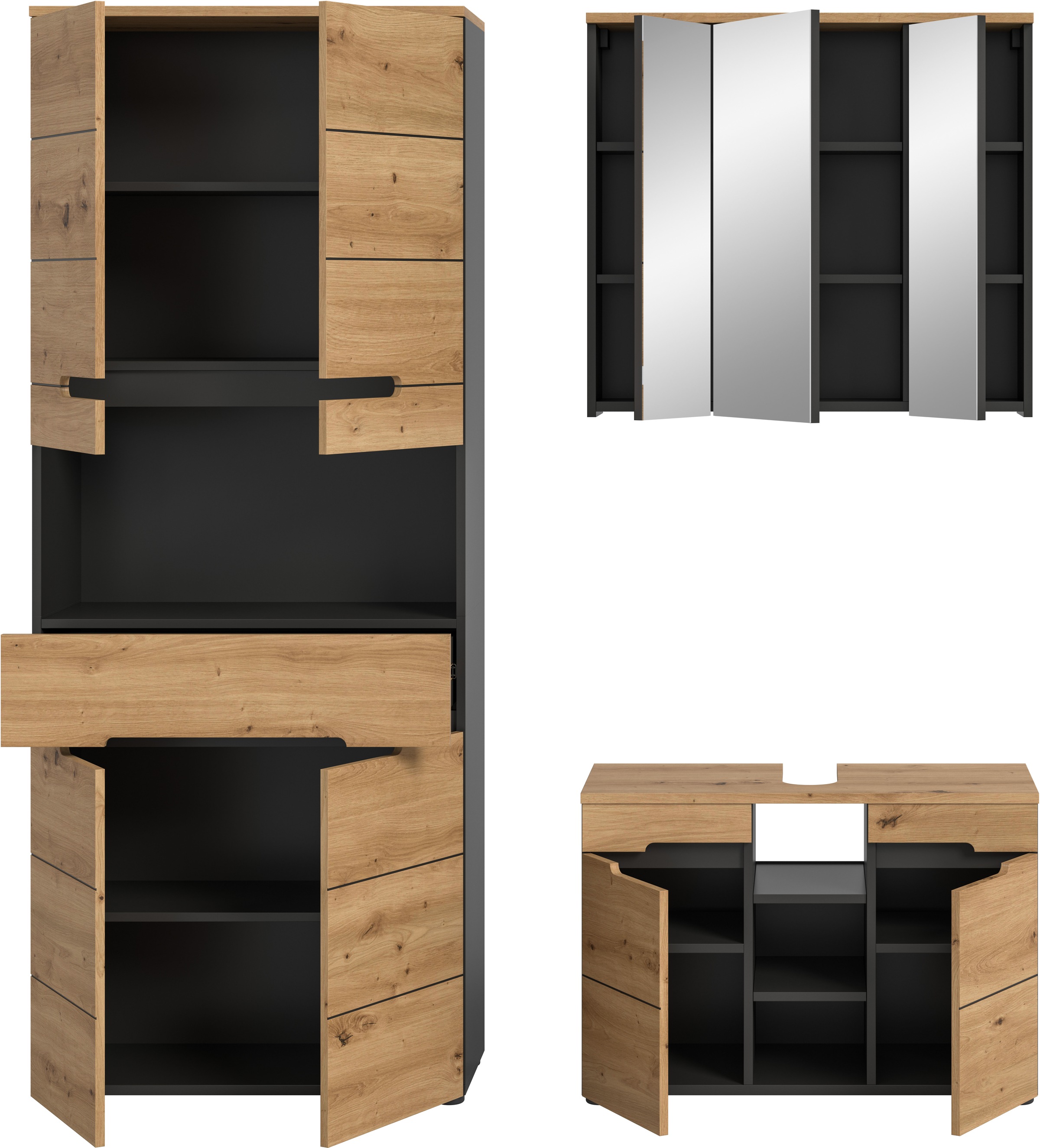 INOSIGN Badmöbel-Set »REHAT, 3-teilig, Breite 171 cm, mit grifflosen Fronten, bestehend aus:«, (3 St.), 1x Hochschrank, 1x Waschbeckenunterschrank & 1x Spiegelschrank