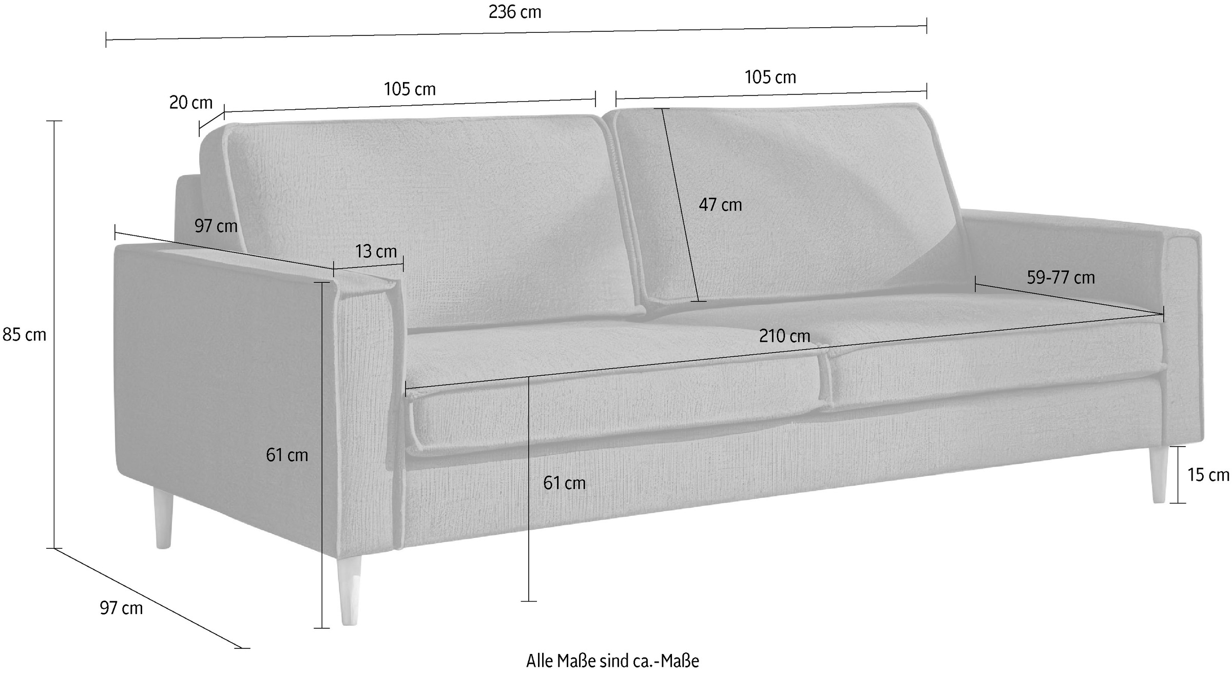 Home affaire 3-Sitzer »Pinto Skandi,Maxi-Ausführung, 236 cm, Chenille, Struktur« mit Keder, Massivholzfüße Eiche geräuchert, Wellenunterfederung