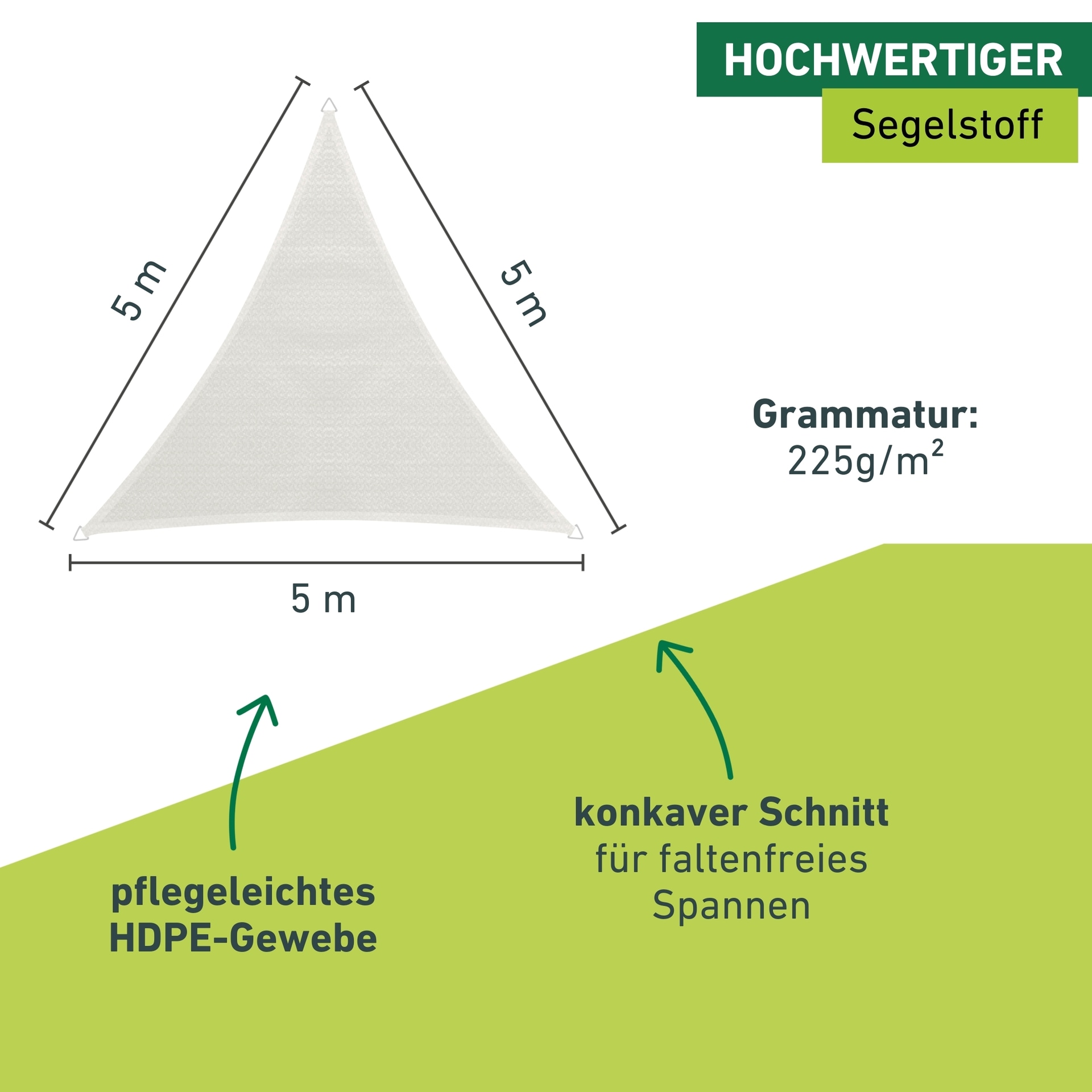 Windhager Sonnensegel »Sonnenschutz aus pflegeleichtem HDPE-Gewebe, Sonnensegel Dreieck« wind- und wasserdurchlässig, 5x5x5 m, inkl. 3x0,7 m, weiß