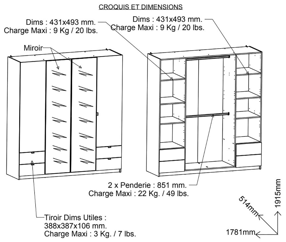 Demeyere GROUP Kleiderschrank »Mellie, 2 Spiegel, 4 Schubladen, 36 Regale, 2 Kleiderstangen« H/B/ T ca. 191/180/52cm,  maximaler Stauraum, Made in France