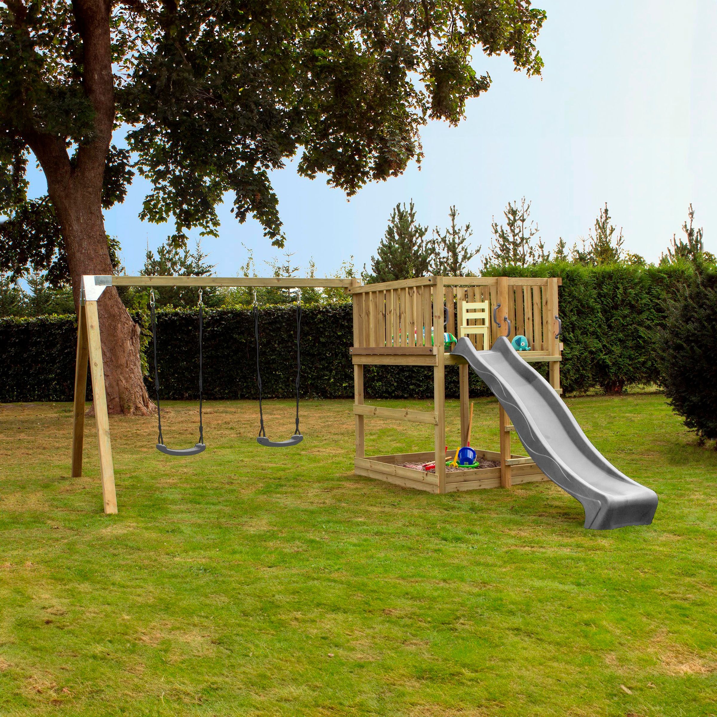 PLUS Spielturm »PLUS Play inkl. Schaukelanbau, grauschwarz Rutsche und 2 Schaukelsitze«, Made in Europe
