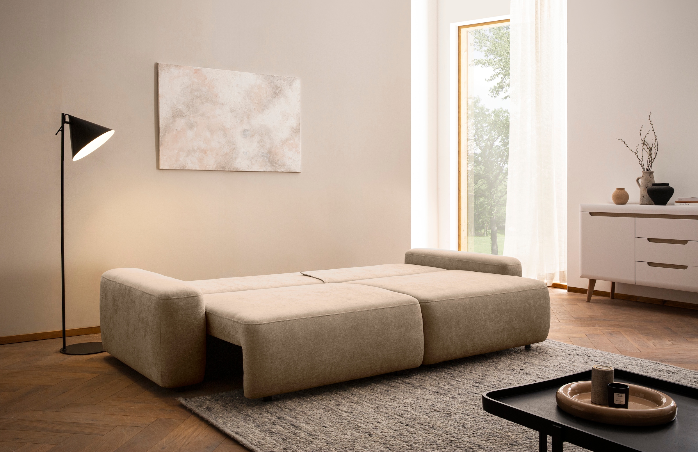 INOSIGN 3-Sitzer »TORGE (257cm), Sofa,Schlafsofa in Cord, Samtvelours, Struktur fein«, rundes Design, Schlaffunktion u. Bettkasten, Liegefläche: 135/200 cm