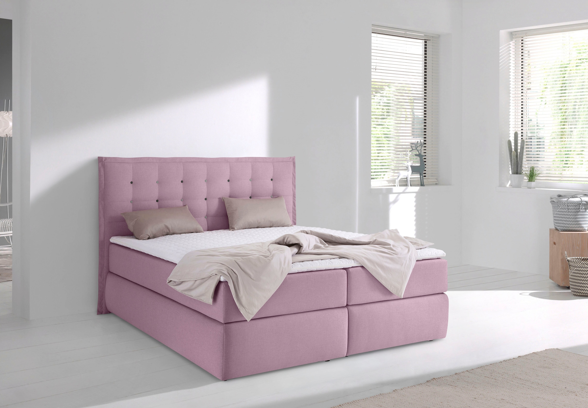 Home affaire Boxspringbett "Sagres" Kopfteil mit 2farbiger Flatterbiese und günstig online kaufen