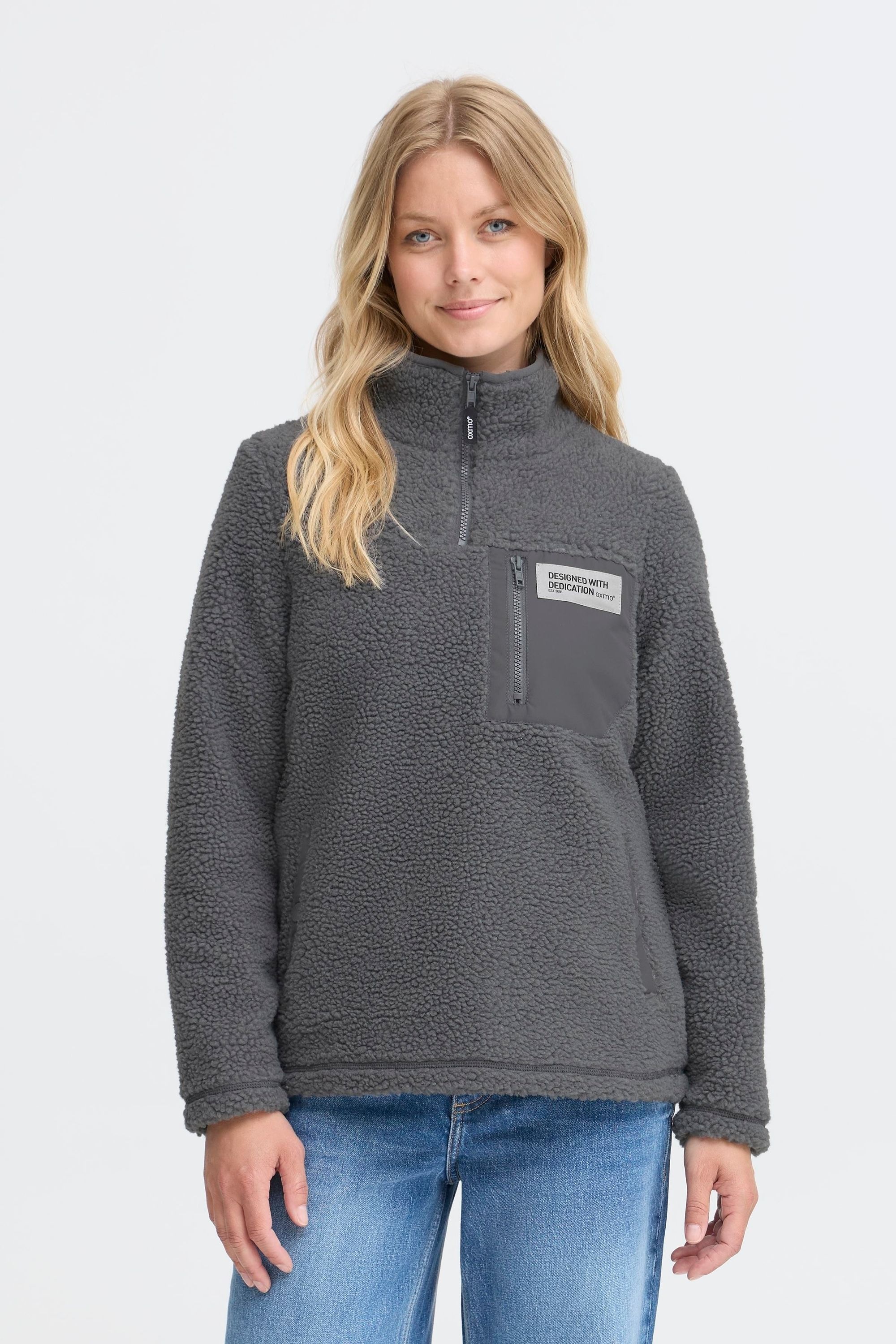 Plüschjacke OXMO "Plüschjacke OXABBY HALFZIP", Damen, Gr. XS, grau (iron gate), Obermaterial: 100% Polyester PES., Jacken 2