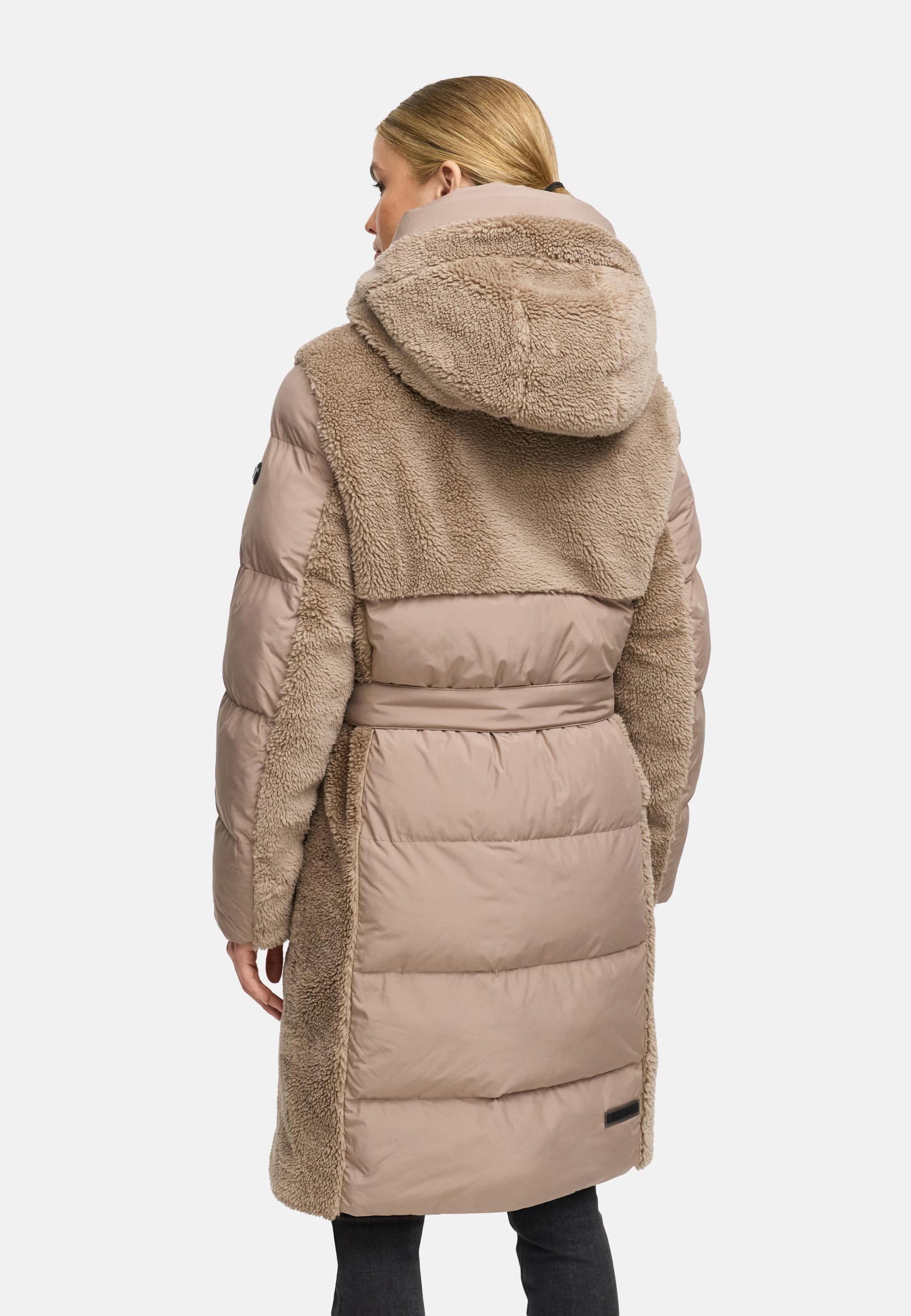 Navahoo Wintermantel »Funkelteddy 14«, warmer Mantel mit Teddyplüsch-Akzenten und Taillengürtel
