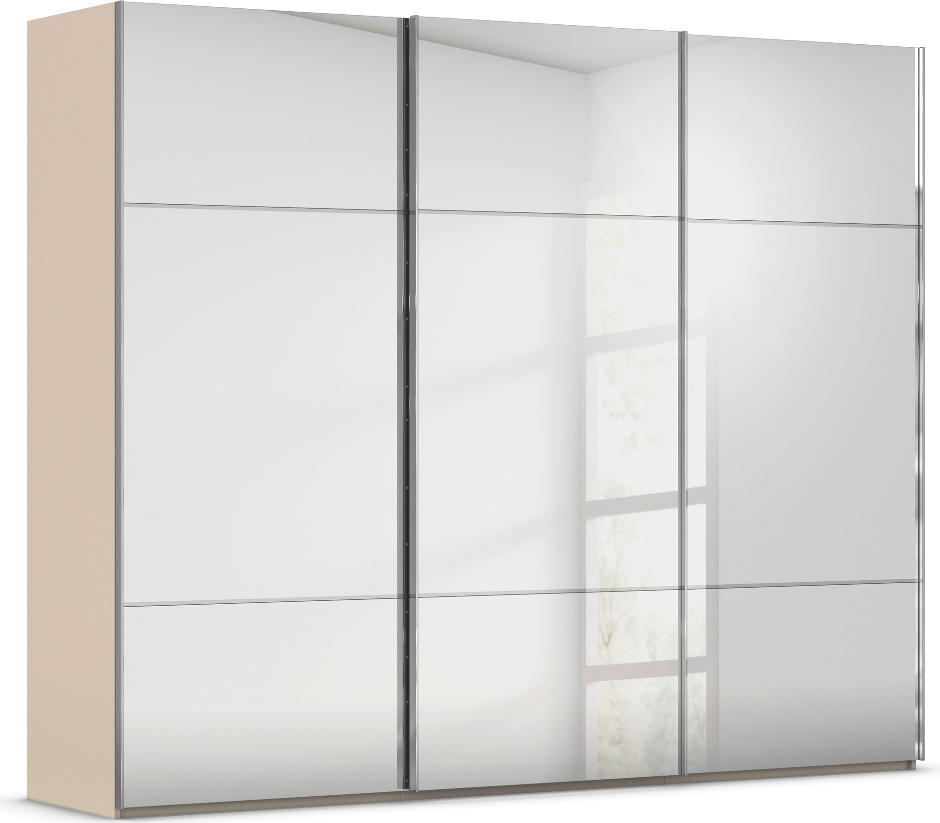 rauch Schwebetürenschrank "Kleiderschrank Schrank Garderobe Schlafzimmerschrank SCALE-TRIO" edle dreigeteilte Front mit 2 Zierleisten Spiegelfront MADE IN GERMANY