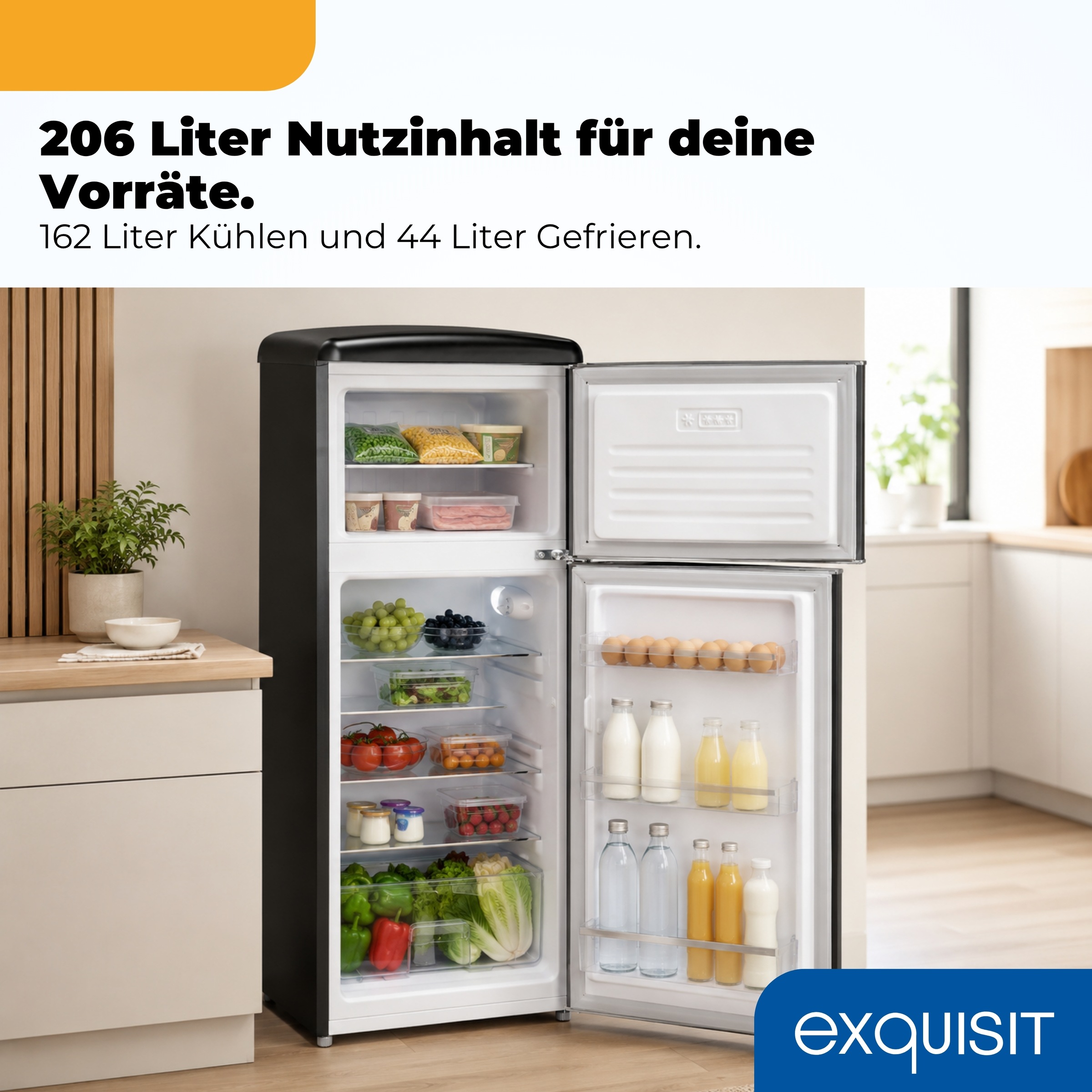 exquisit Kühl-/Gefrierkombination »RKGC270-45-H-160C mattschwarz« 146,5 cm hoch 54,5 cm breit LED-Beleuchtung, verstellbare Glasböden, Retro-Design