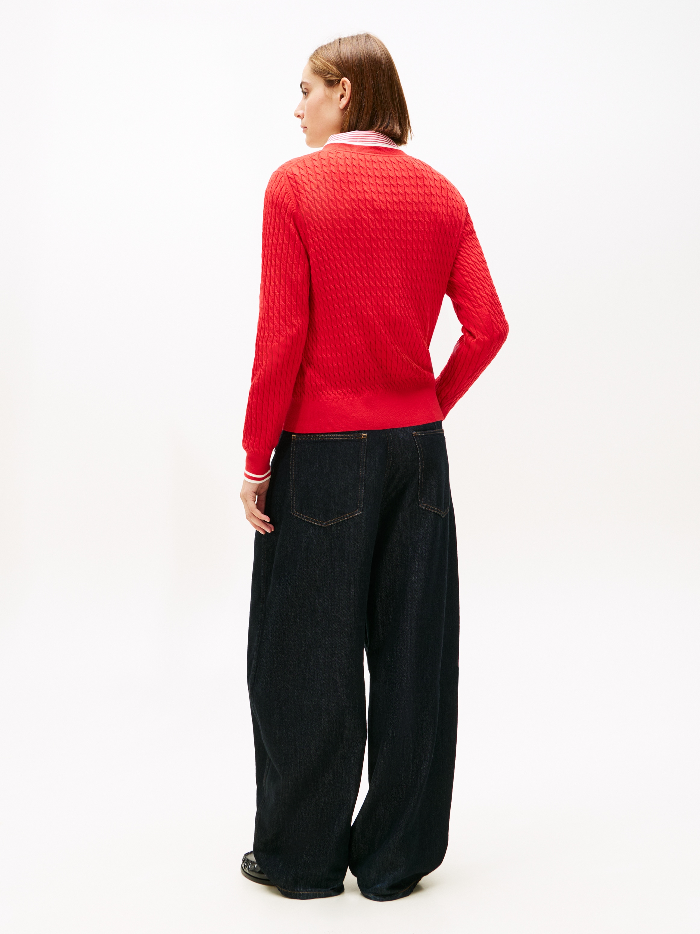 Tommy Hilfiger V-Ausschnitt-Pullover »CO CABLE V-NK LS SWT« mit Zopfmuster, Logostickerei