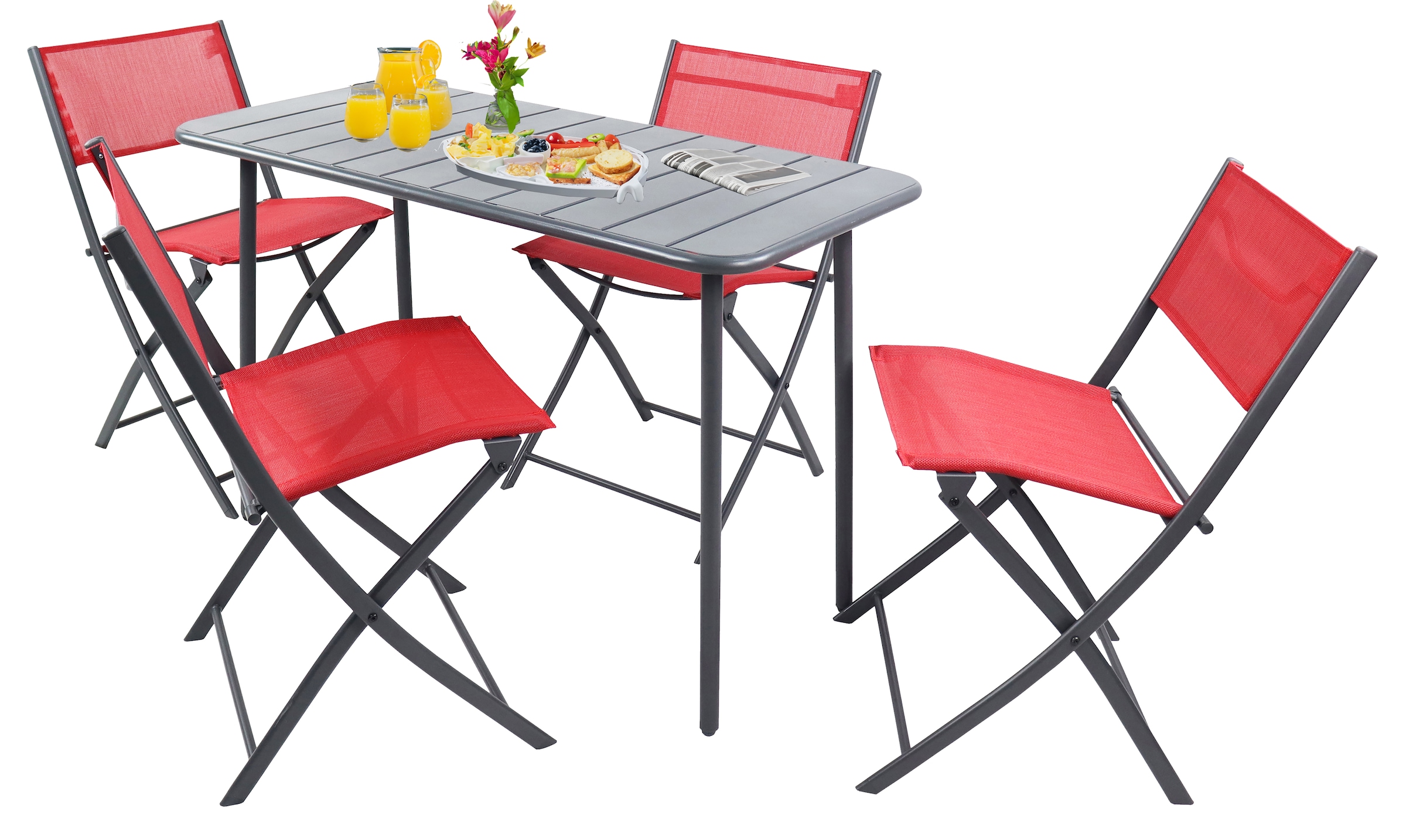 Garten-Essgruppe VCM "5 tlg. Bistroset Balkonset Gartenset Sumila 110x55", rot, B:110cm T:55cm, Obermaterial: 80% Textilmaterial TEXMAT. 20% Metall MT., Sitzmöbel-Sets